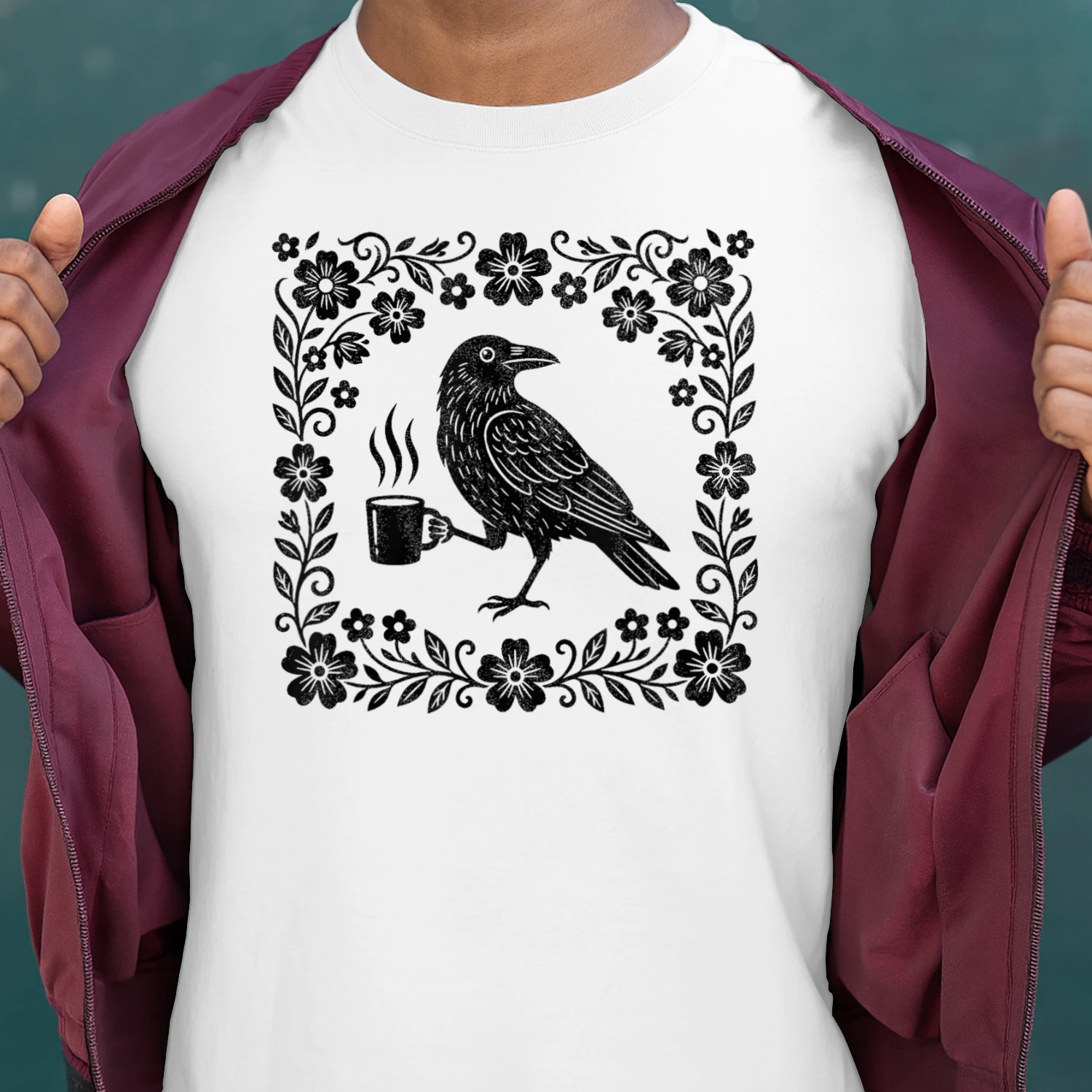 Raven Crow with Coffee Cup Flower Frame Vintage
