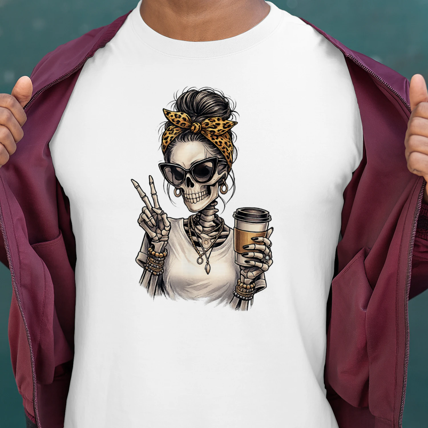 Skeleton Girl Drinking Coffee Peace Sign Graphic