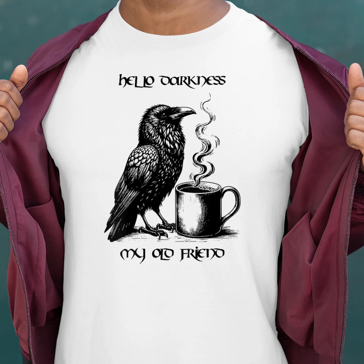 Coffee Lover Hello Darkness My Old Friend Raven Engraving Style Steaming Mug Gothic Lettering