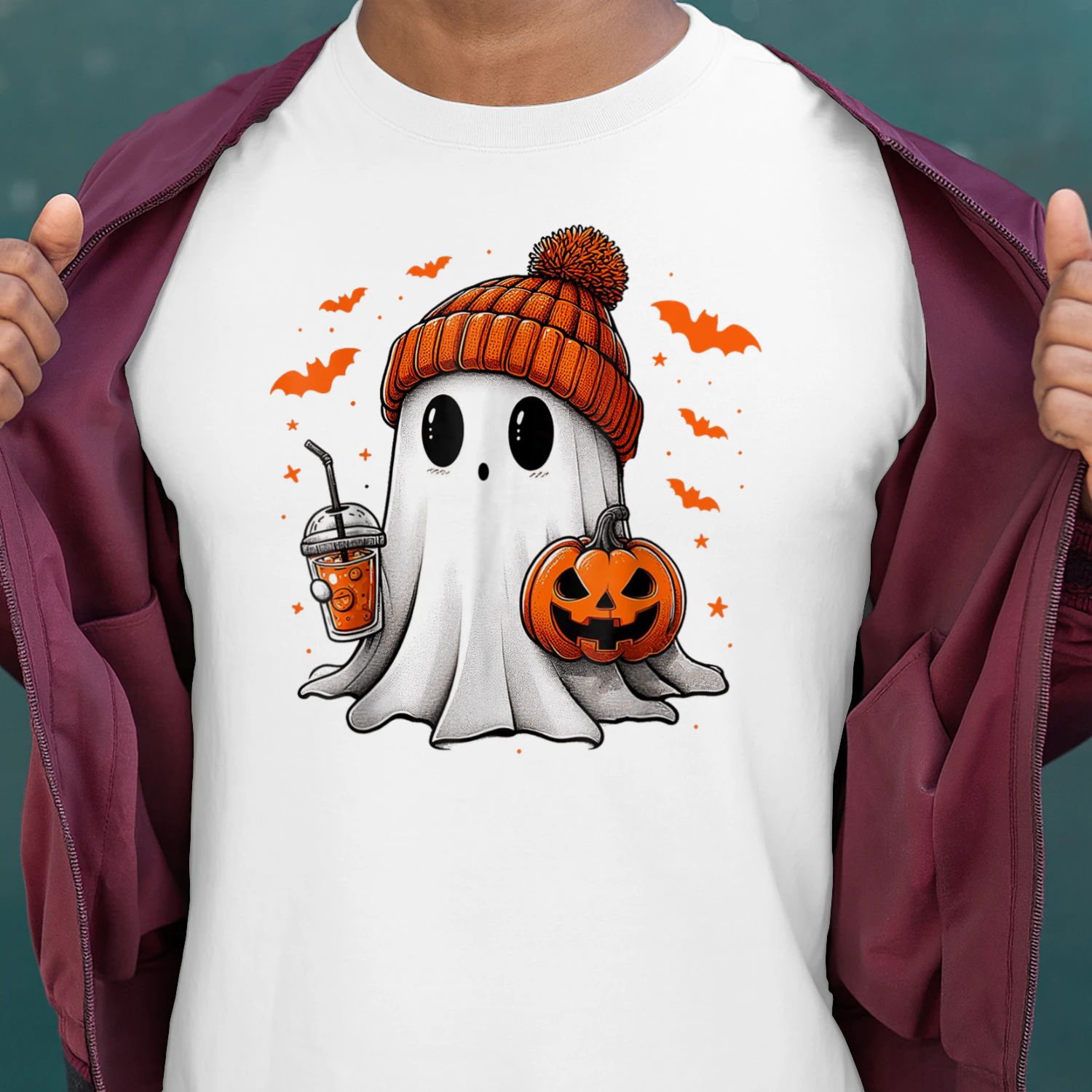 Cute Ghost Drinking Ice Coffee Halloween Pumpkin