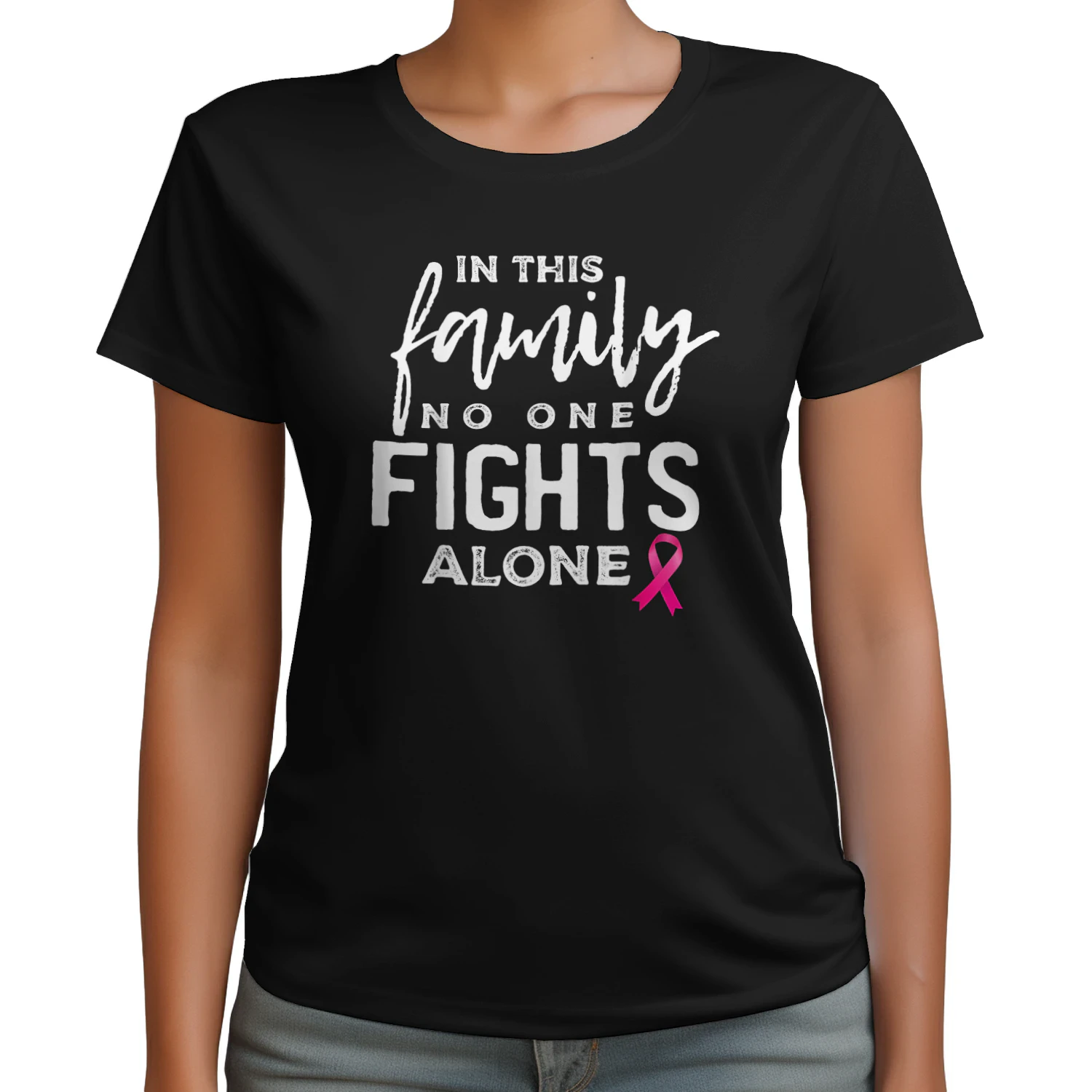 Cancer In This Family No One Fights Alone Pink Ribbon Script Breast Cancer