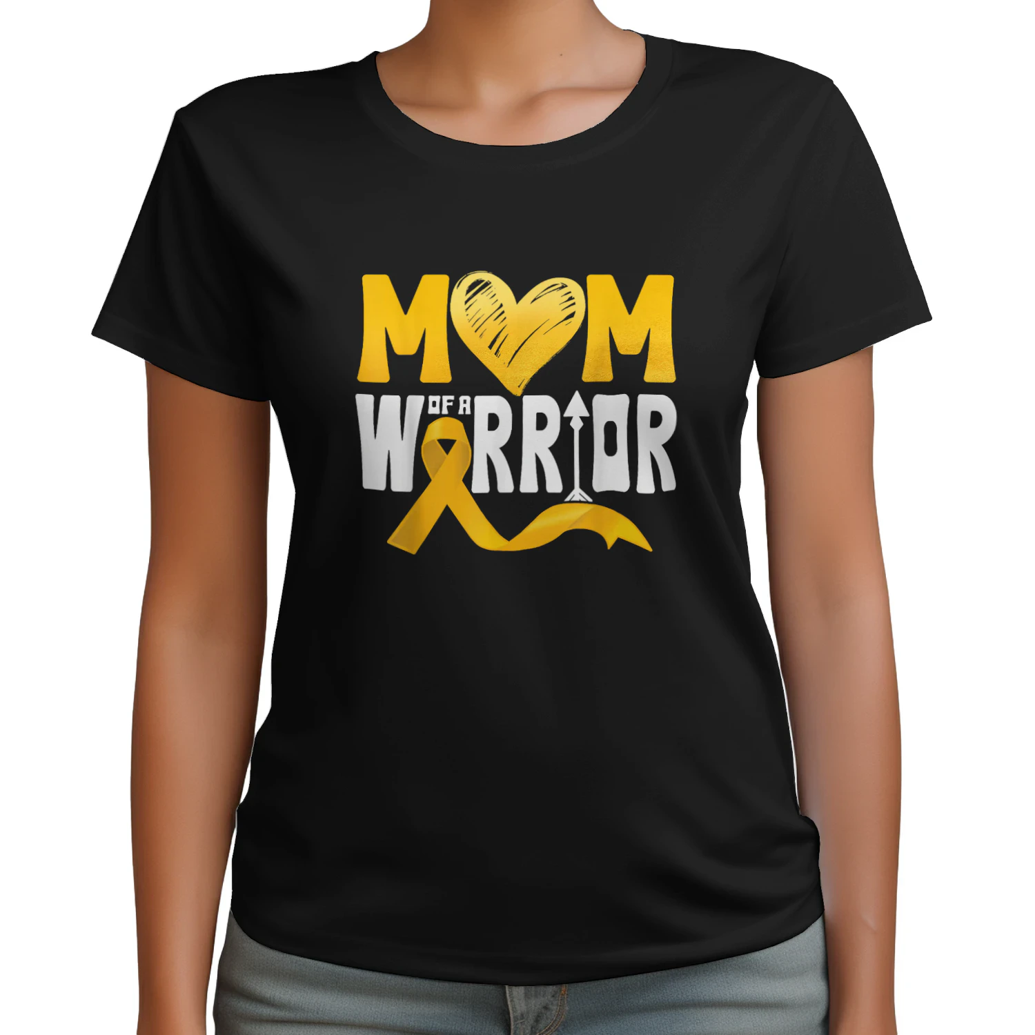 Cancer Mom of a Warrior Gold Ribbon Heart Childhood Cancer Awareness