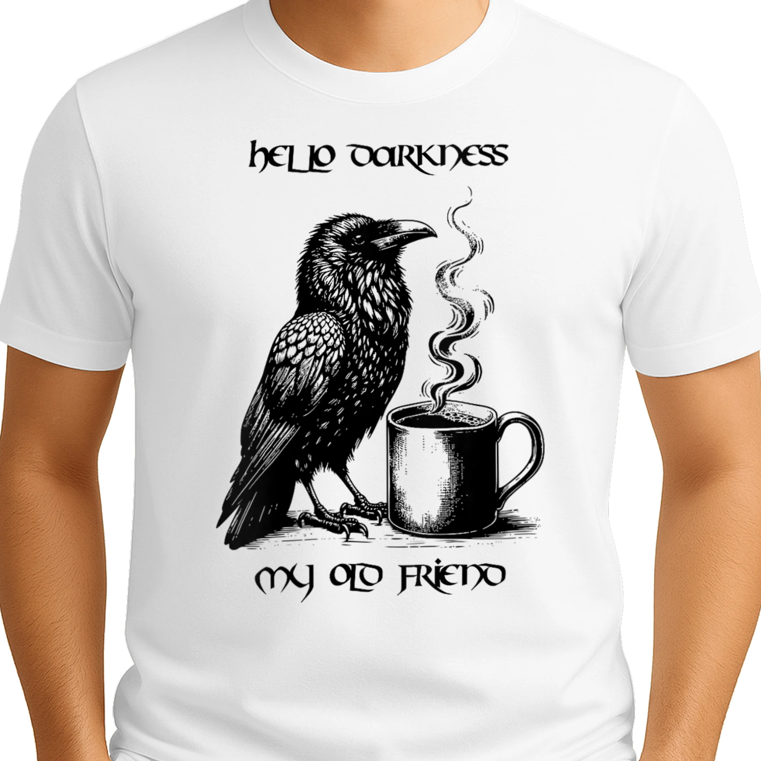 Coffee Lover Hello Darkness My Old Friend Raven Engraving Style Steaming Mug Gothic Lettering
