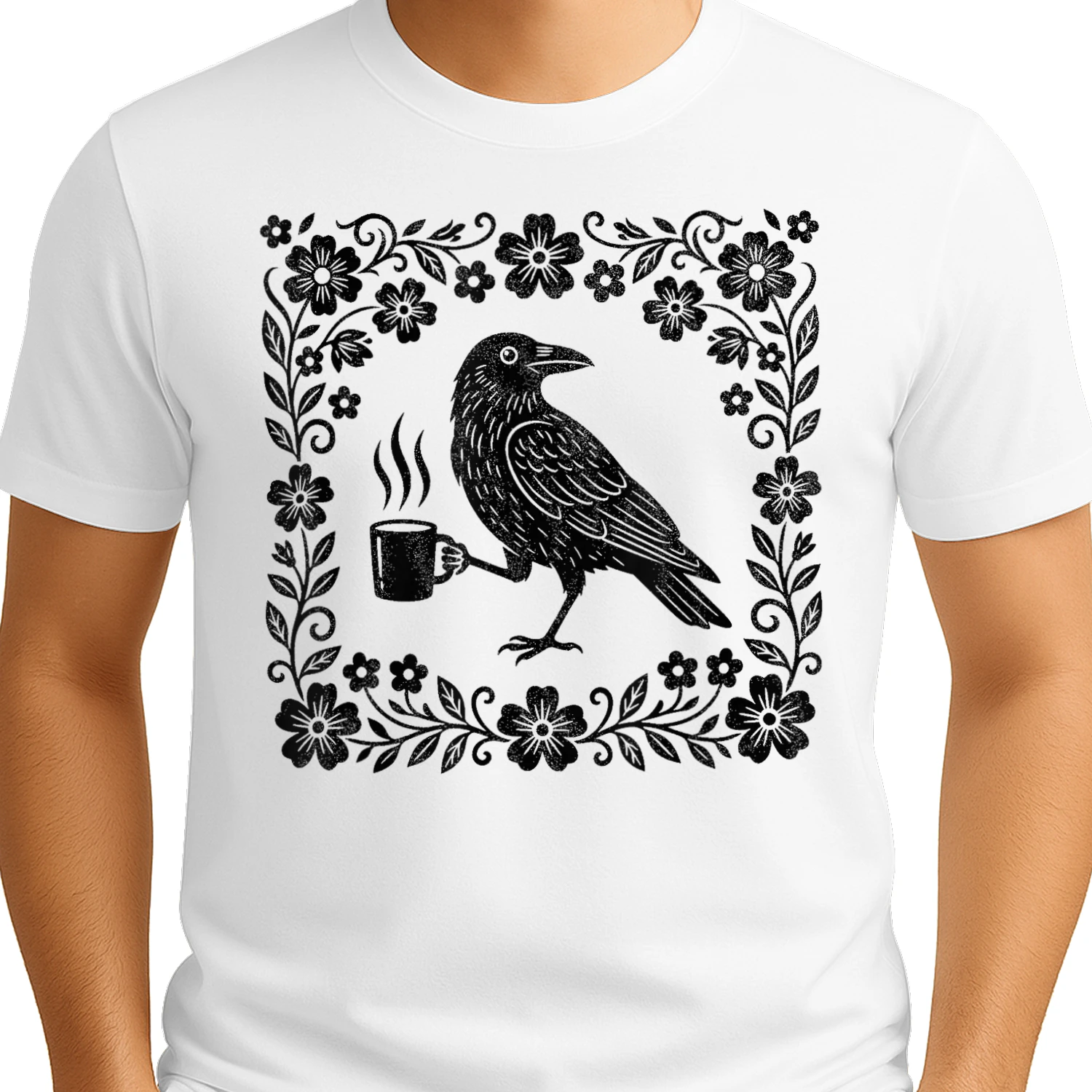Raven Crow with Coffee Cup Flower Frame Vintage