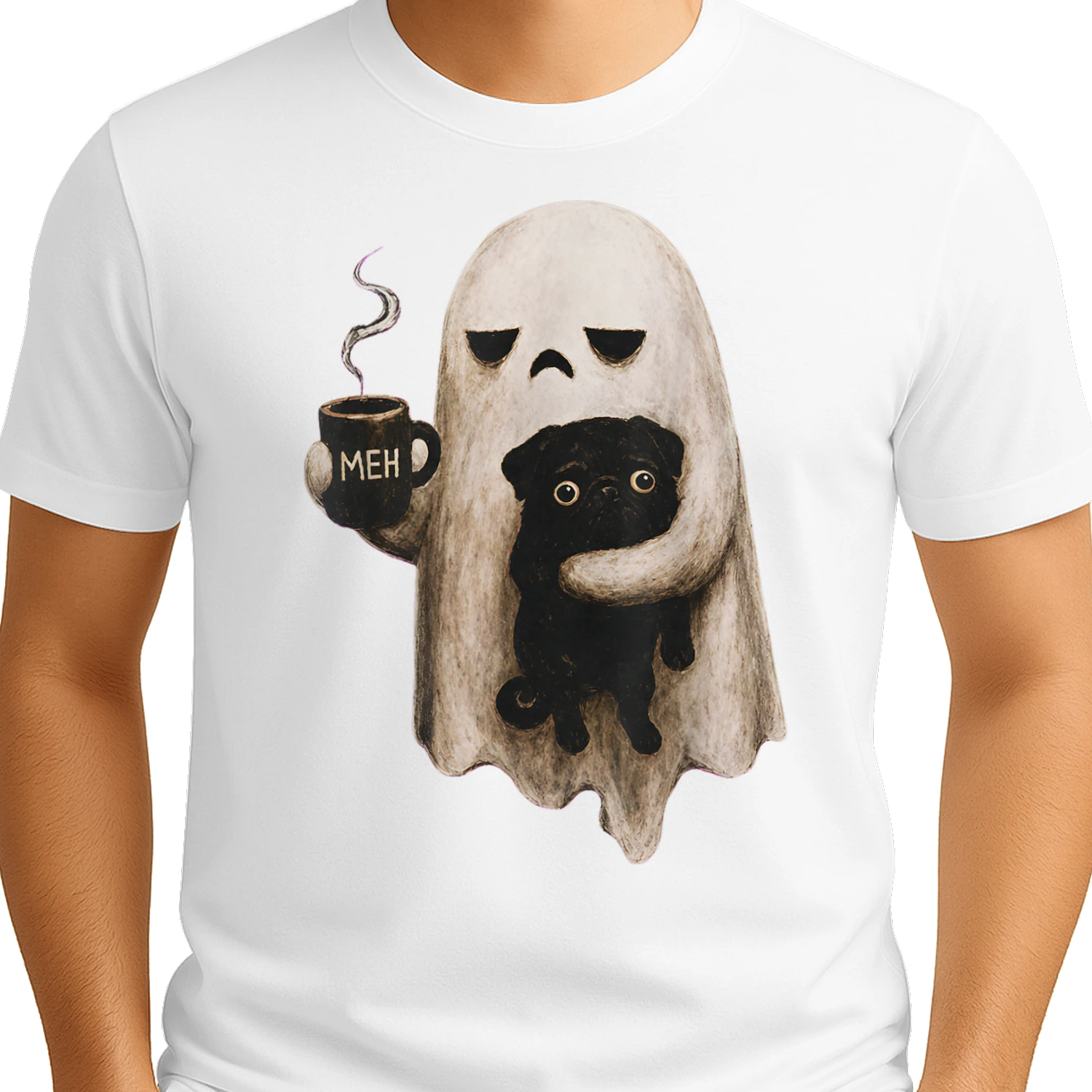 Grumpy Ghost Holding Black Pug Dog Meh Coffee Cup