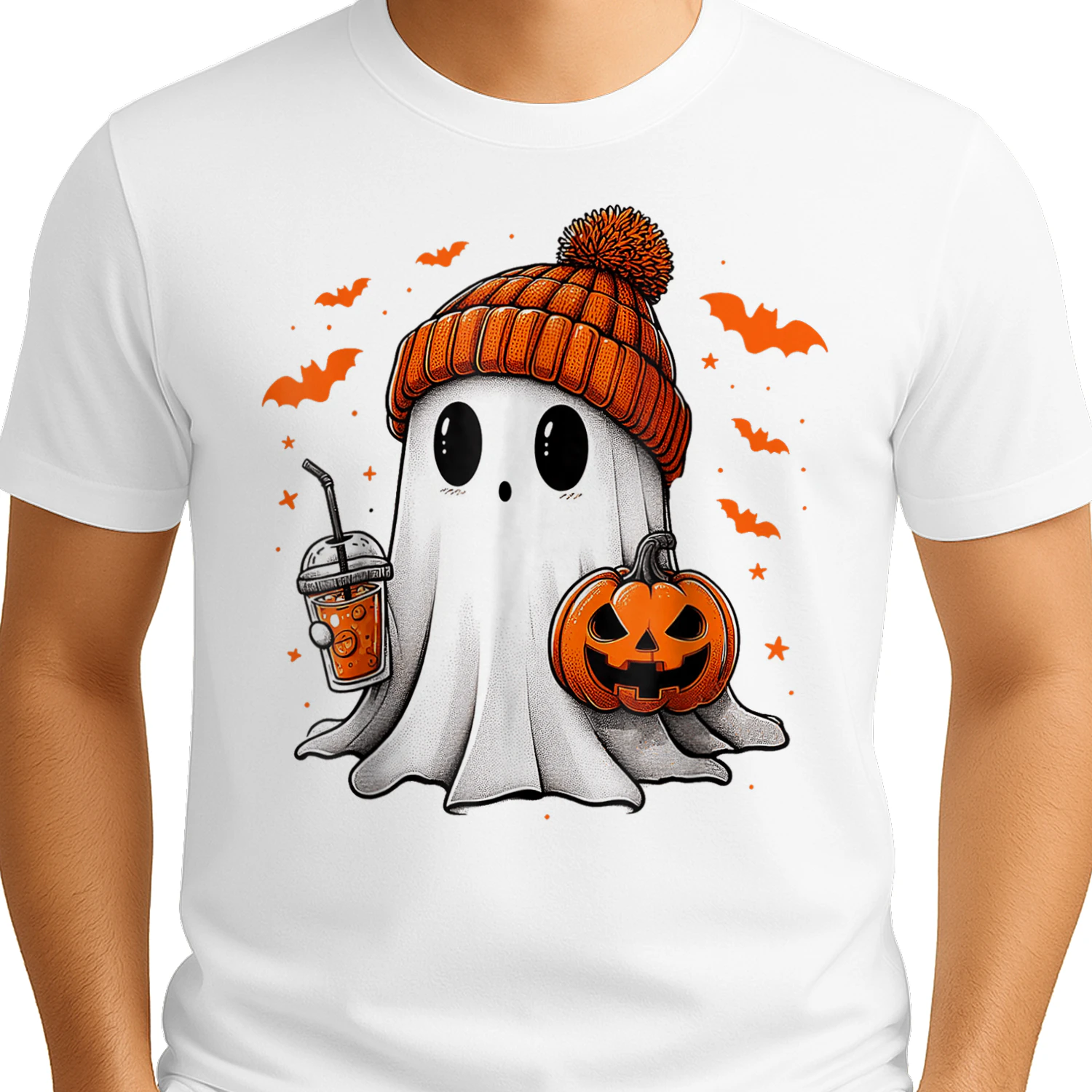 Cute Ghost Drinking Ice Coffee Halloween Pumpkin