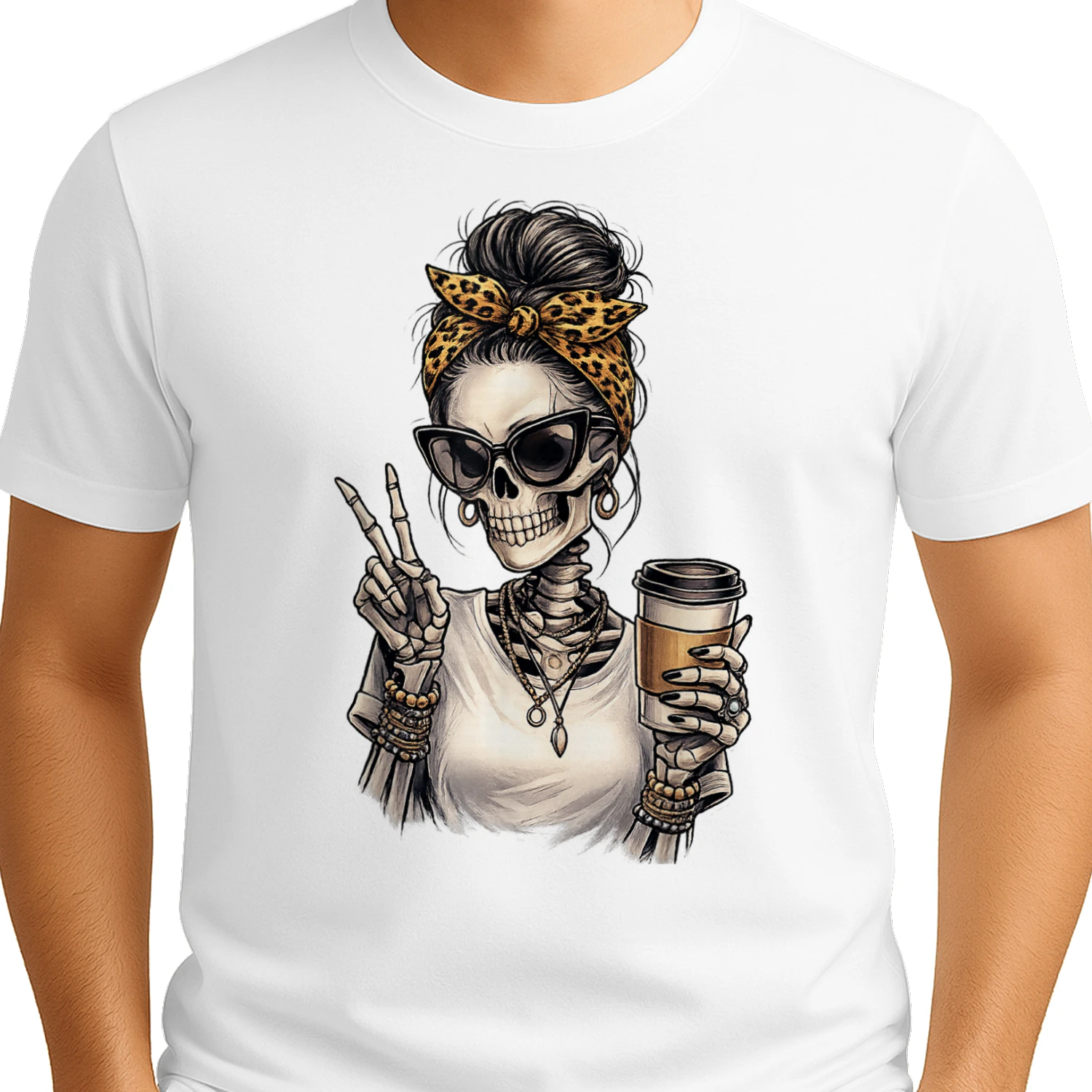 Skeleton Girl Drinking Coffee Peace Sign Graphic