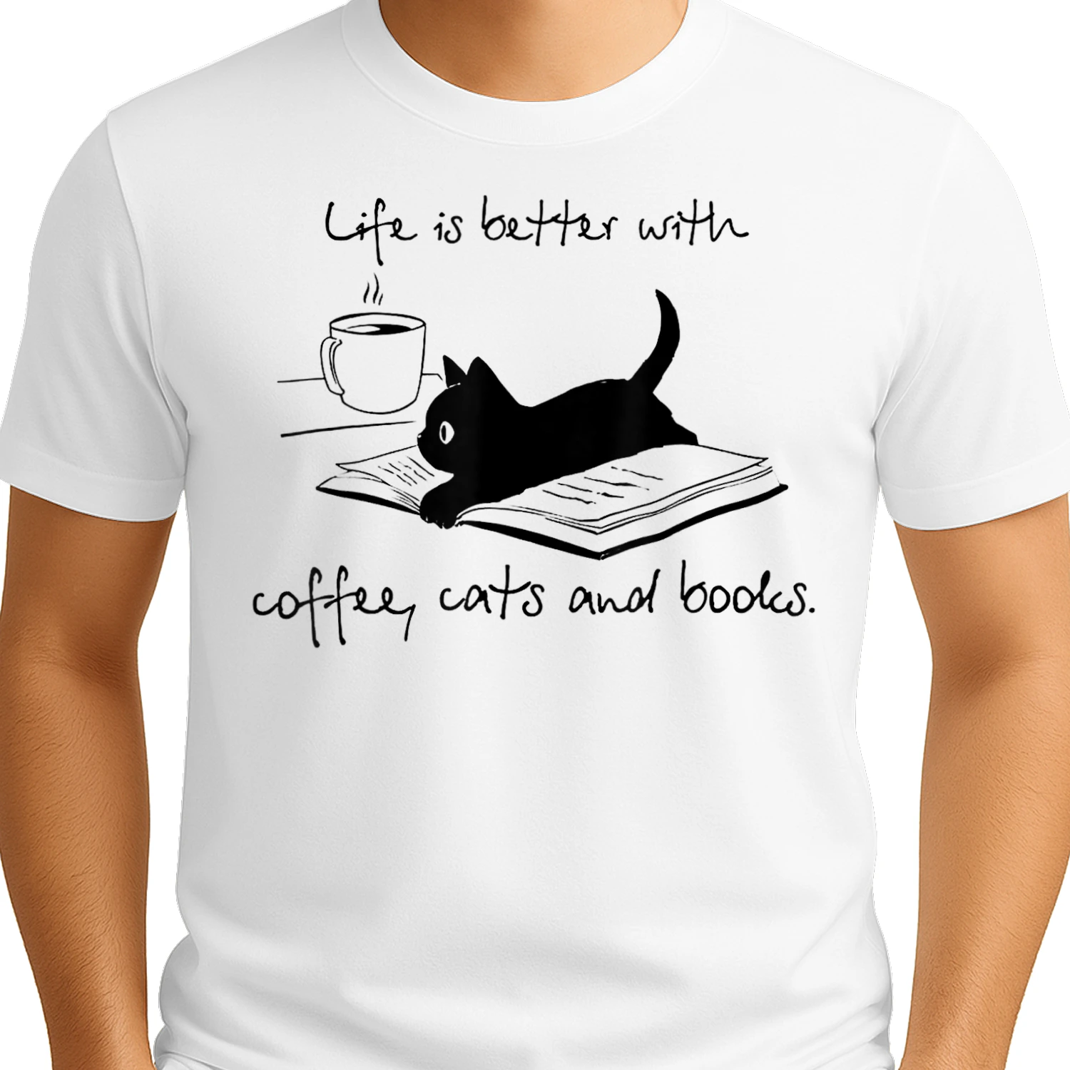 Coffee Lover Life Is Better With Books Cats and Coffee Black Cat Reading Sketch