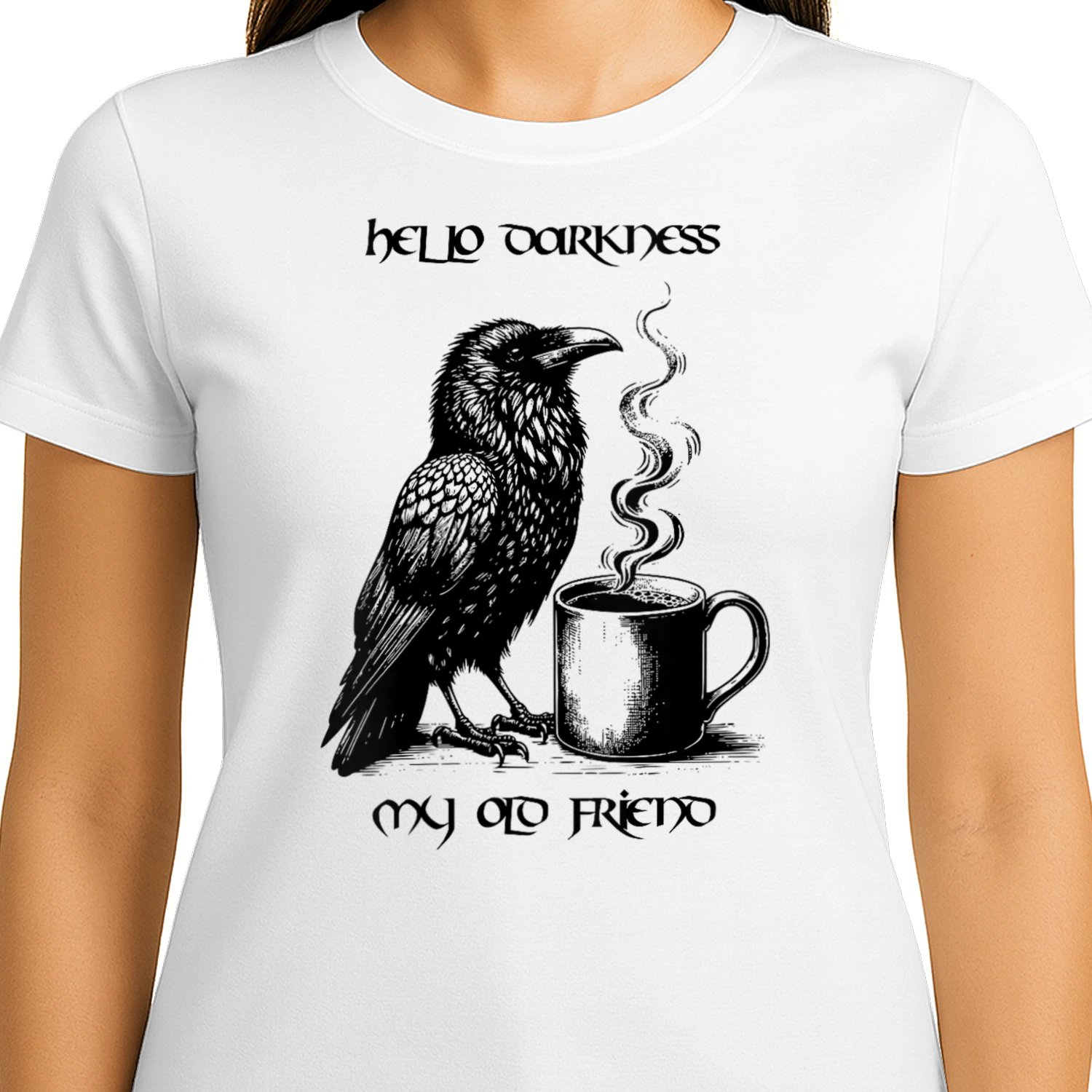 Coffee Lover Hello Darkness My Old Friend Raven Engraving Style Steaming Mug Gothic Lettering