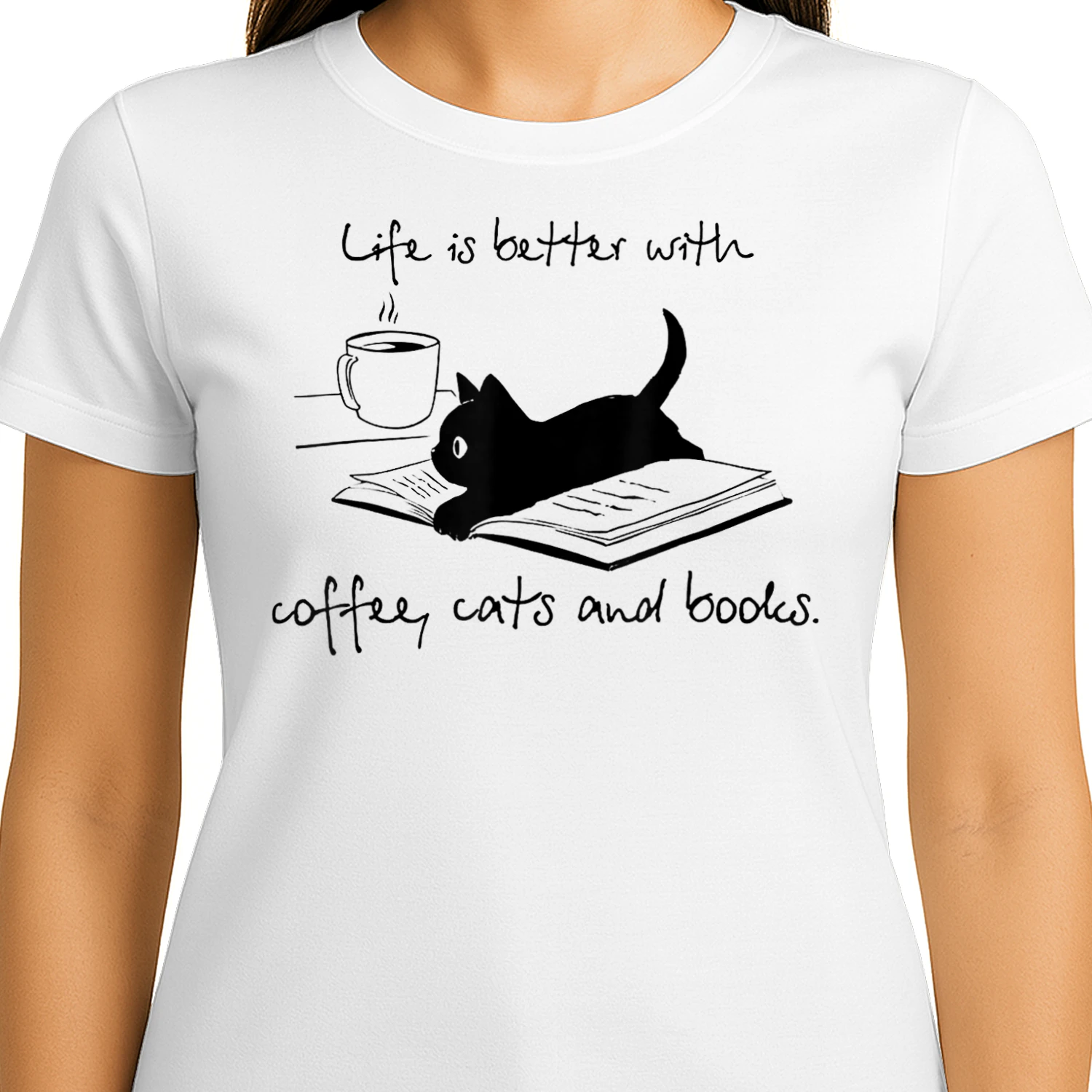 Coffee Lover Life Is Better With Books Cats and Coffee Black Cat Reading Sketch
