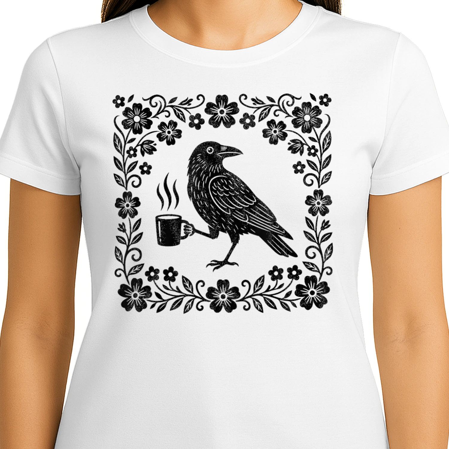 Raven Crow with Coffee Cup Flower Frame Vintage