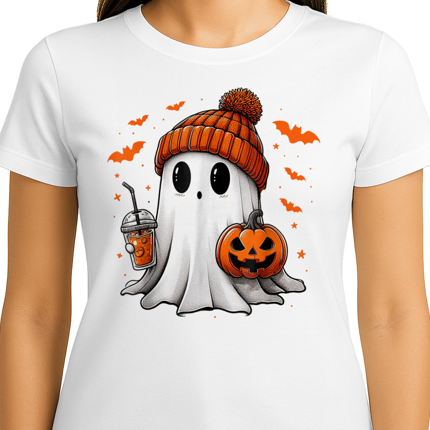 Cute Ghost Drinking Ice Coffee Halloween Pumpkin