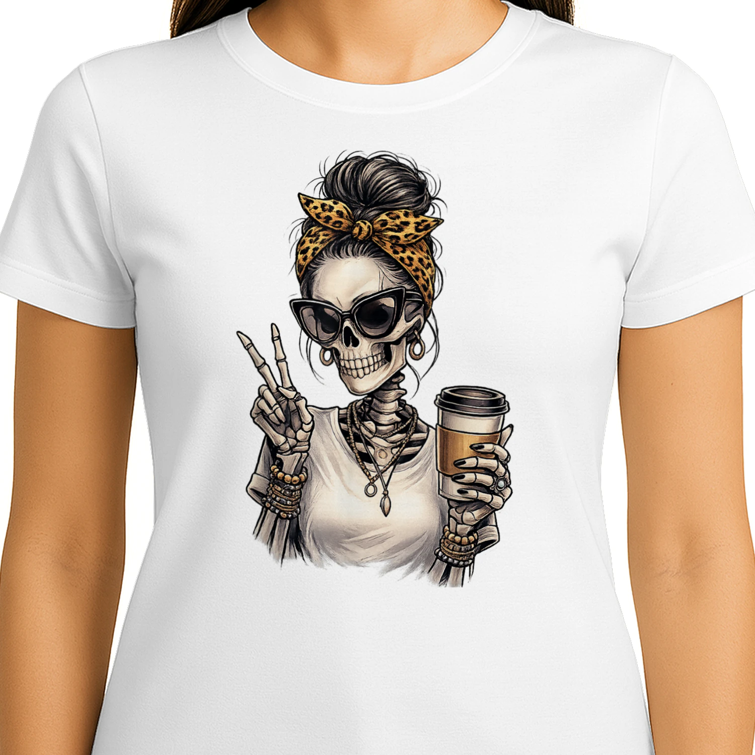 Skeleton Girl Drinking Coffee Peace Sign Graphic