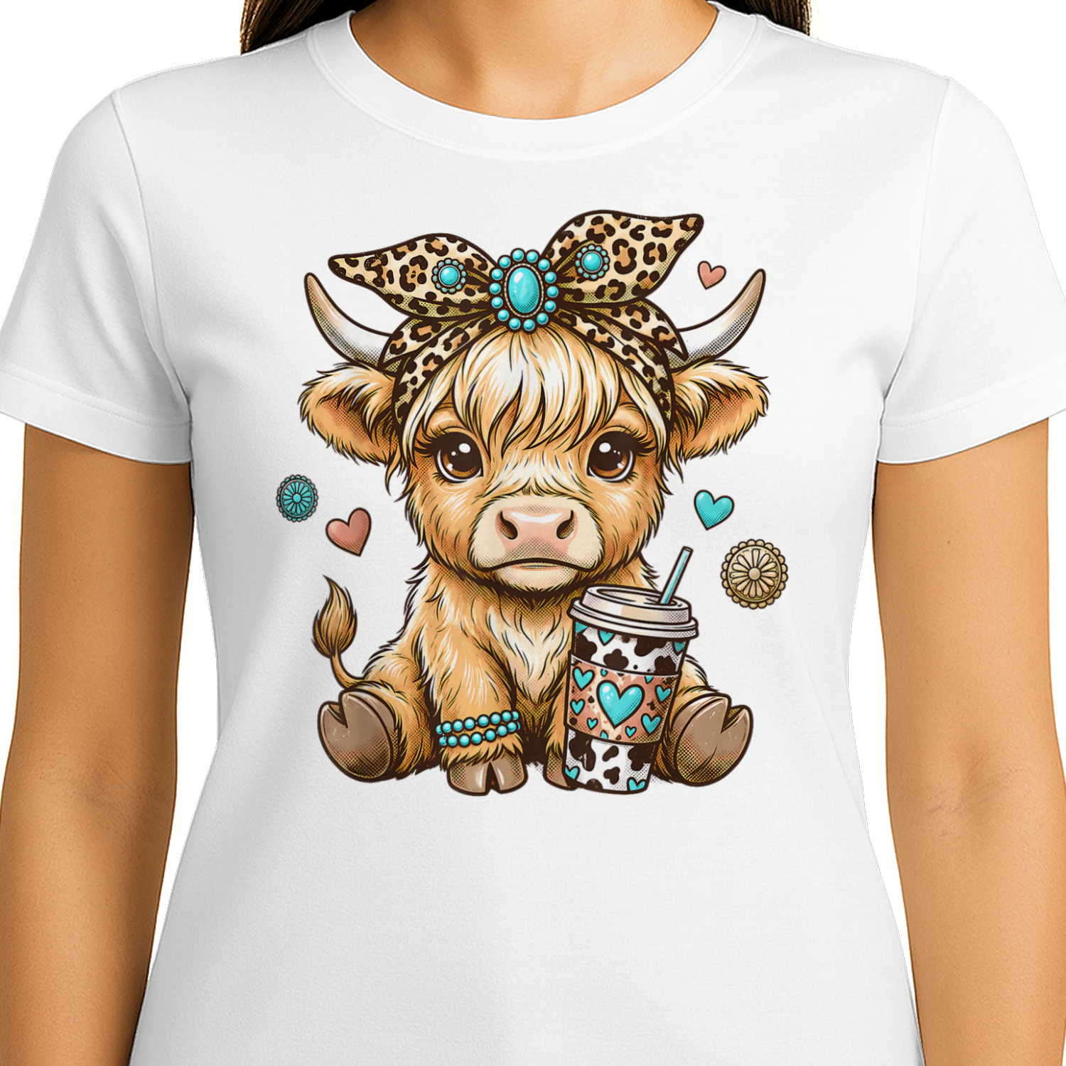 Cute Highland Cow Drink Coffee Leopard Bow