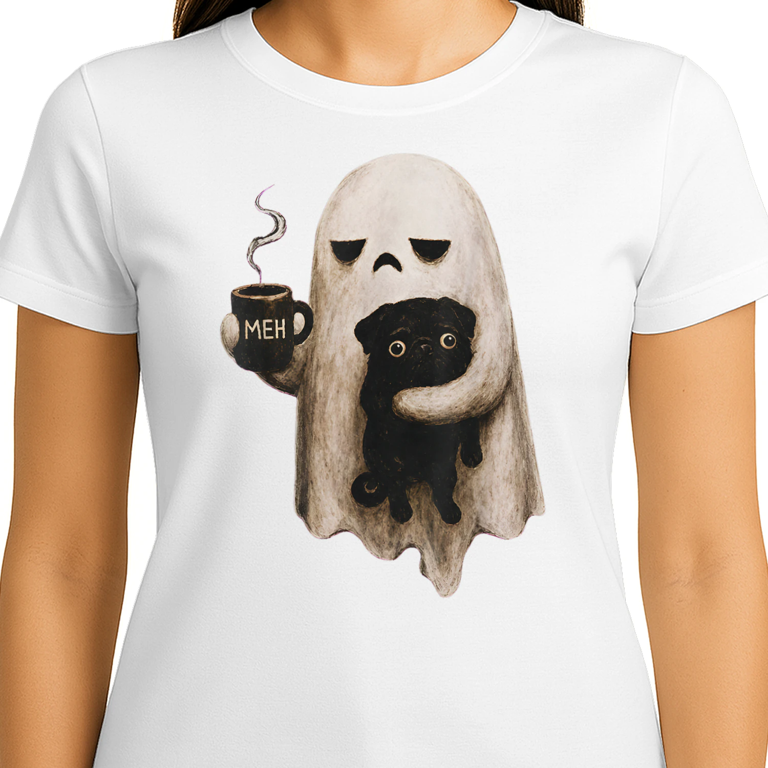 Grumpy Ghost Holding Black Pug Dog Meh Coffee Cup