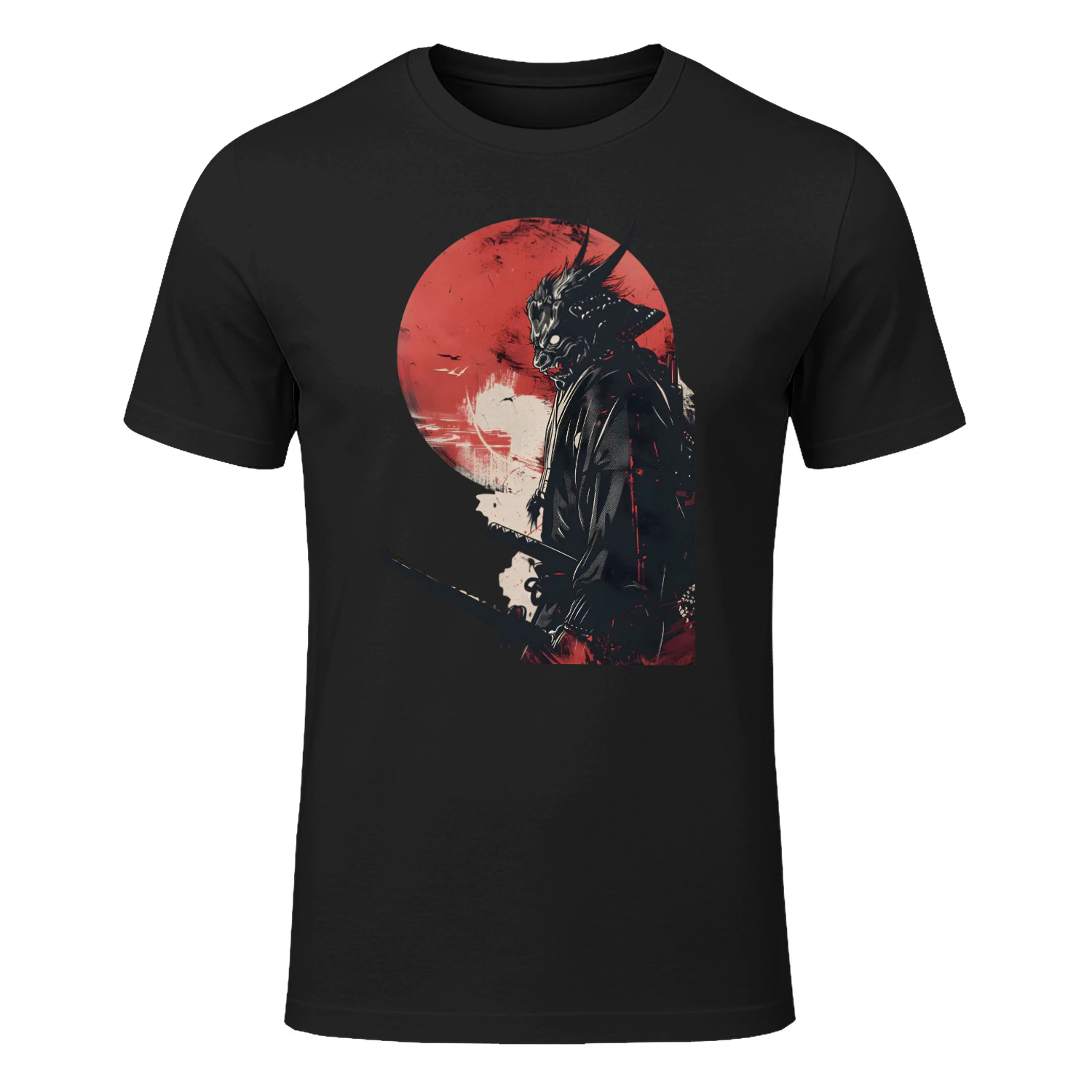 Oni Samurai Under the Red Sun T‑Shirt – Japanese Demon Warrior Silhouette Graphic Tee