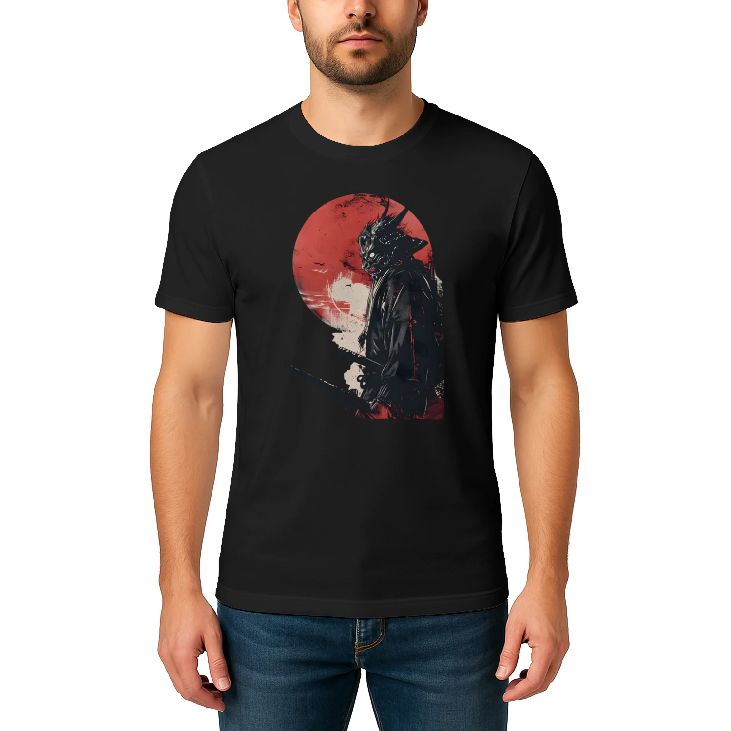 Oni Samurai Under the Red Sun T‑Shirt – Japanese Demon Warrior Silhouette Graphic Tee