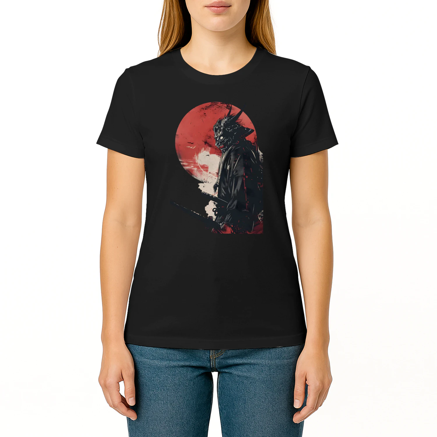 Oni Samurai Under the Red Sun T‑Shirt – Japanese Demon Warrior Silhouette Graphic Tee