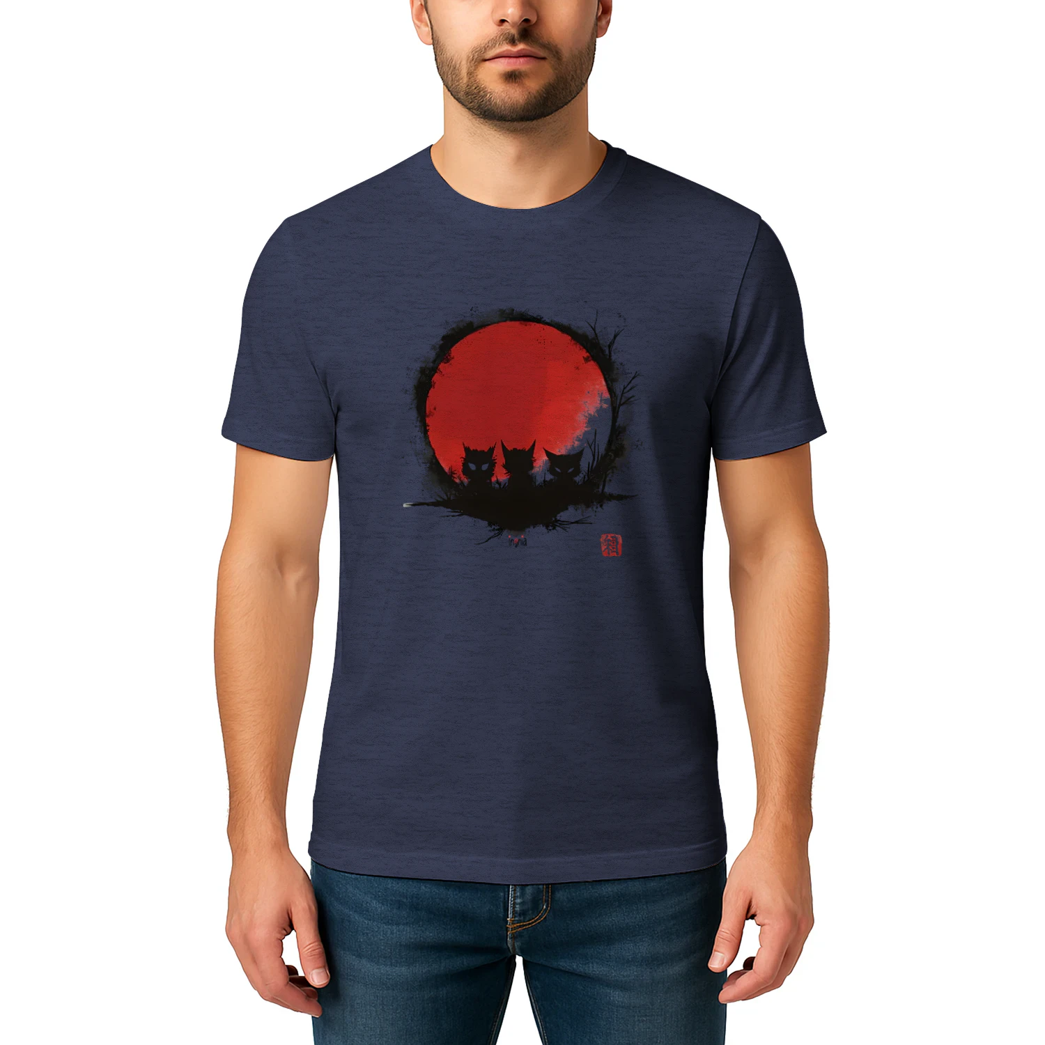 Three Cats Red Sun T‑Shirt – Japanese Ukiyo‑e Cats Sunset Tee, Cute Bakeneko Graphic Unisex Shirt