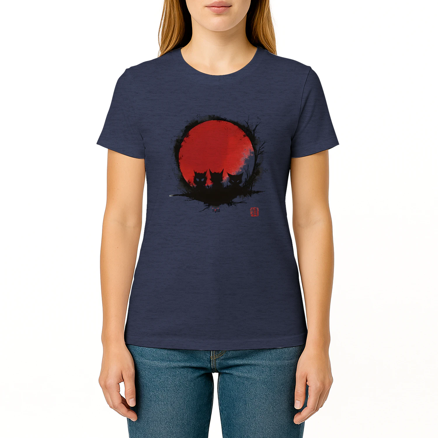 Three Cats Red Sun T‑Shirt – Japanese Ukiyo‑e Cats Sunset Tee, Cute Bakeneko Graphic Unisex Shirt
