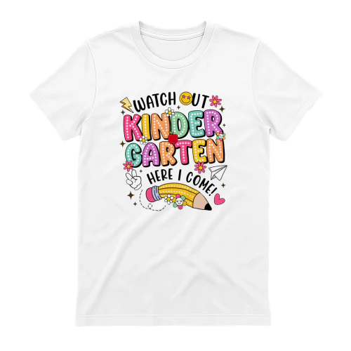 Retro Kindergarten Here I Come T-Shirt – Colorful Sunset Back To School Kids Gift Shirt
