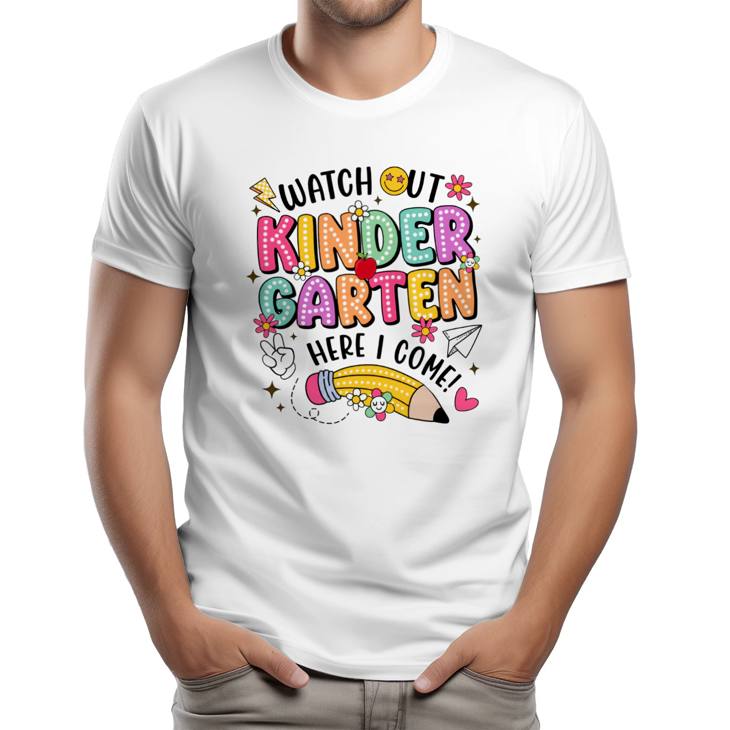 Retro Kindergarten Here I Come T-Shirt – Colorful Sunset Back To School Kids Gift Shirt