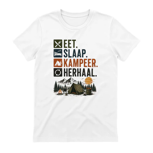 Eet Slaap Kampeer Herhaal T-Shirt – Grappig Camping Shirt voor Kampeerders
