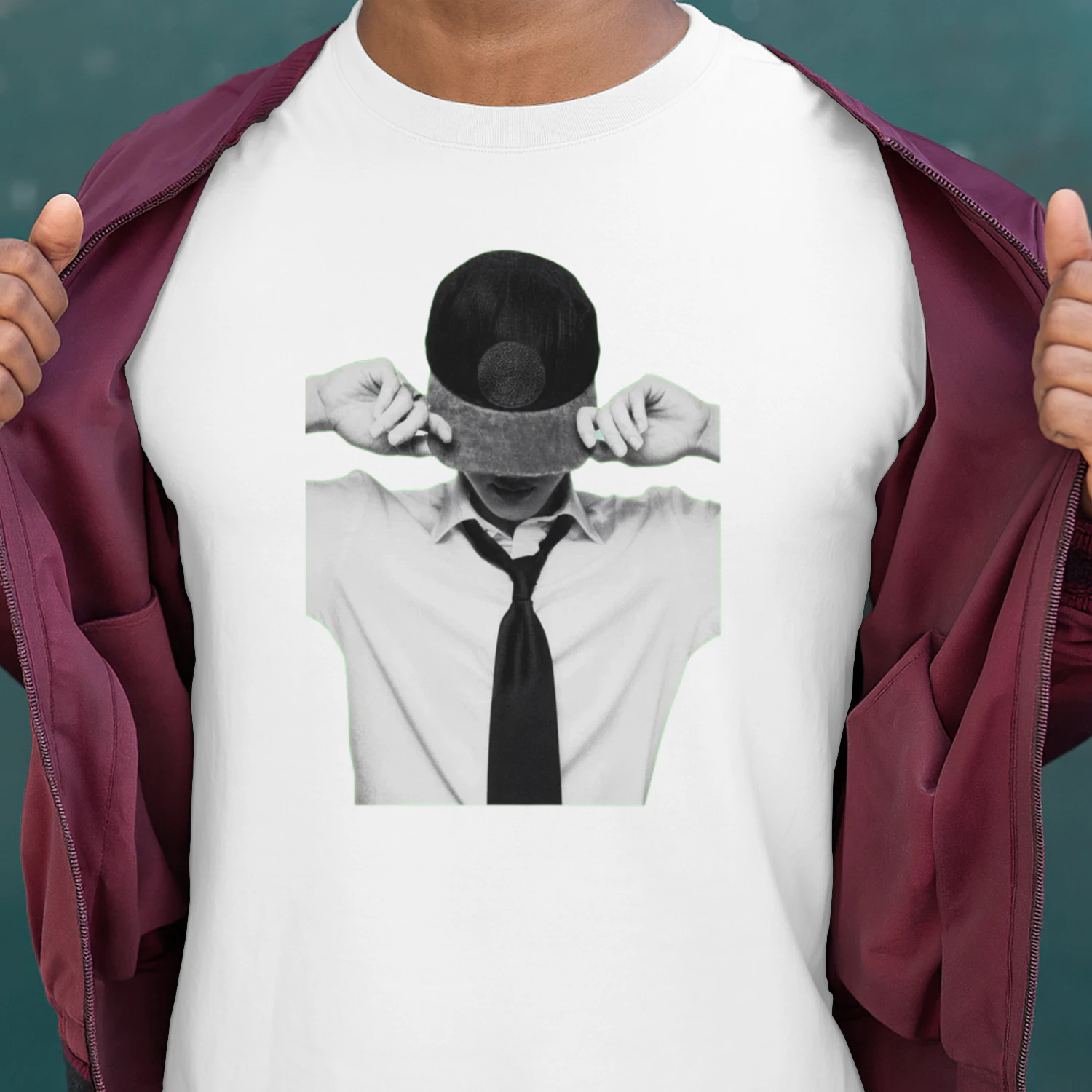 Man Pulling Cap Over Eyes Black White Graphic T-Shirt 