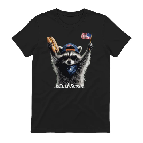 Wildly patriotic raccoon rocking heart sunglasses, a hot dog, and the American flag. Perfect funny 4th of July, Memorial Day, or everyday America shirt for raccoon lovers and meme fans