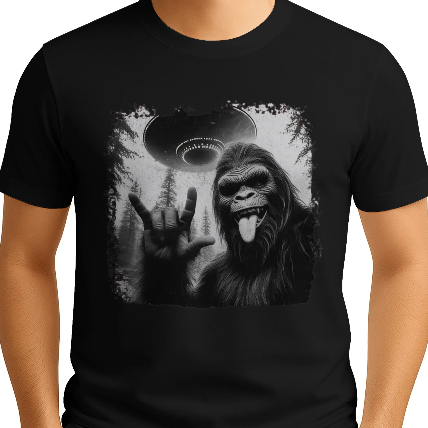"Funny Bigfoot Sasquatch UFO rock on hand
