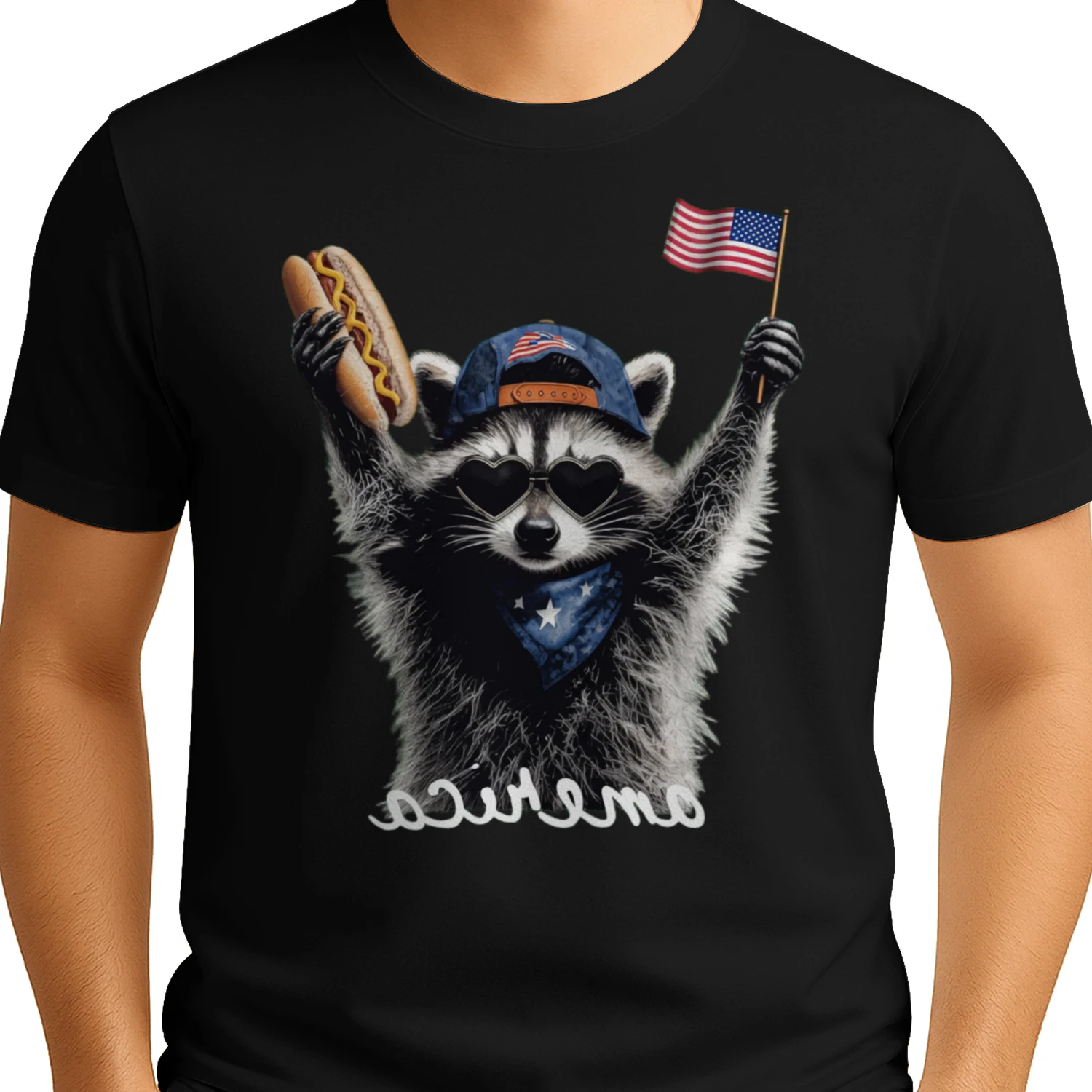 Wildly patriotic raccoon rocking heart sunglasses, a hot dog, and the American flag. Perfect funny 4th of July, Memorial Day, or everyday America shirt for raccoon lovers and meme fans
