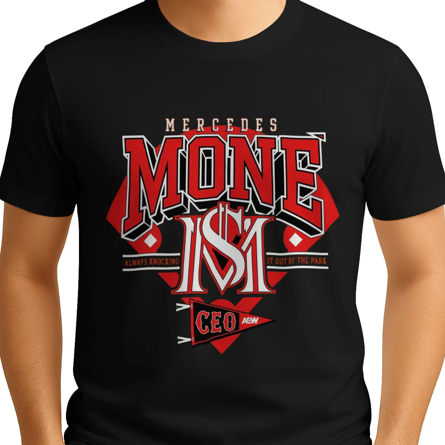 Mercedes Mone MONE ISM CEO AEW Wrestling Graphic T-Shirt - Always Knocking It Out of the Park - Red Black Bold Design