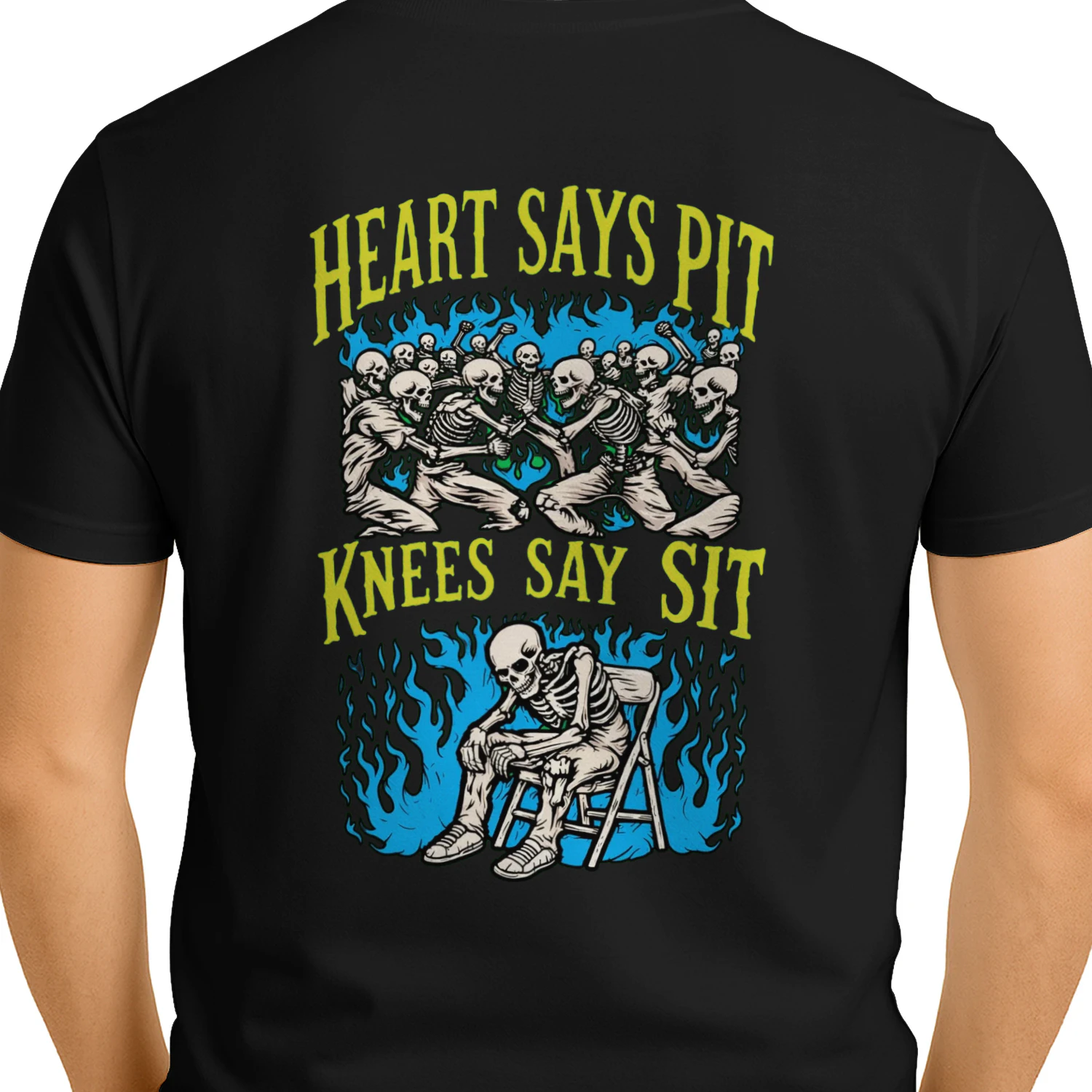 Heart Says Pit Knees Say Sit Skeleton Mosh Pit Tee