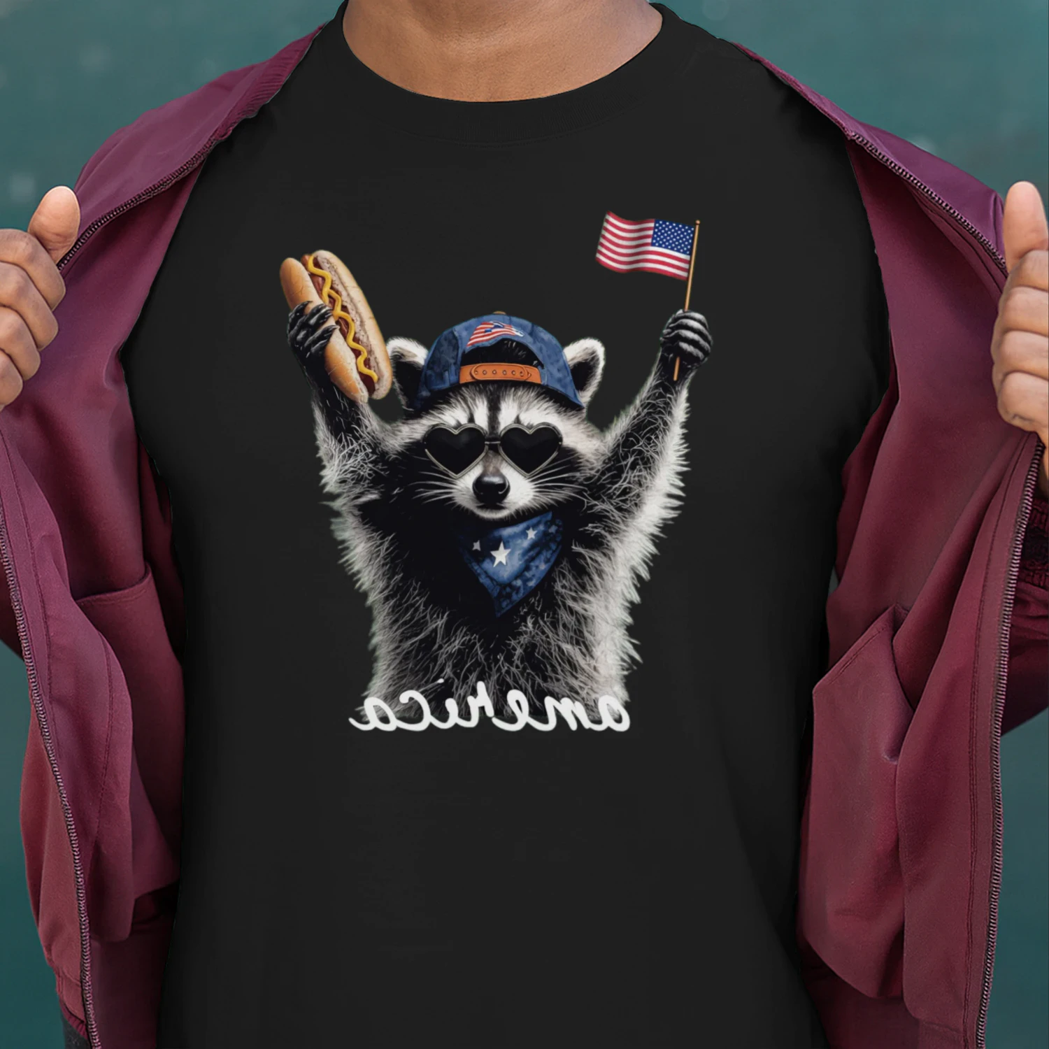 Wildly patriotic raccoon rocking heart sunglasses, a hot dog, and the American flag. Perfect funny 4th of July, Memorial Day, or everyday America shirt for raccoon lovers and meme fans