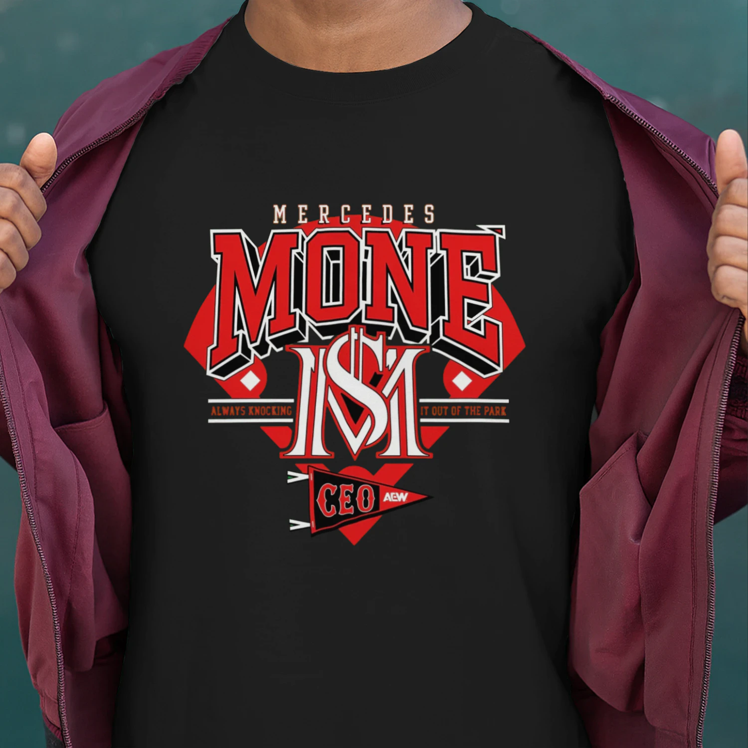 Mercedes Mone MONE ISM CEO AEW Wrestling Graphic T-Shirt - Always Knocking It Out of the Park - Red Black Bold Design
