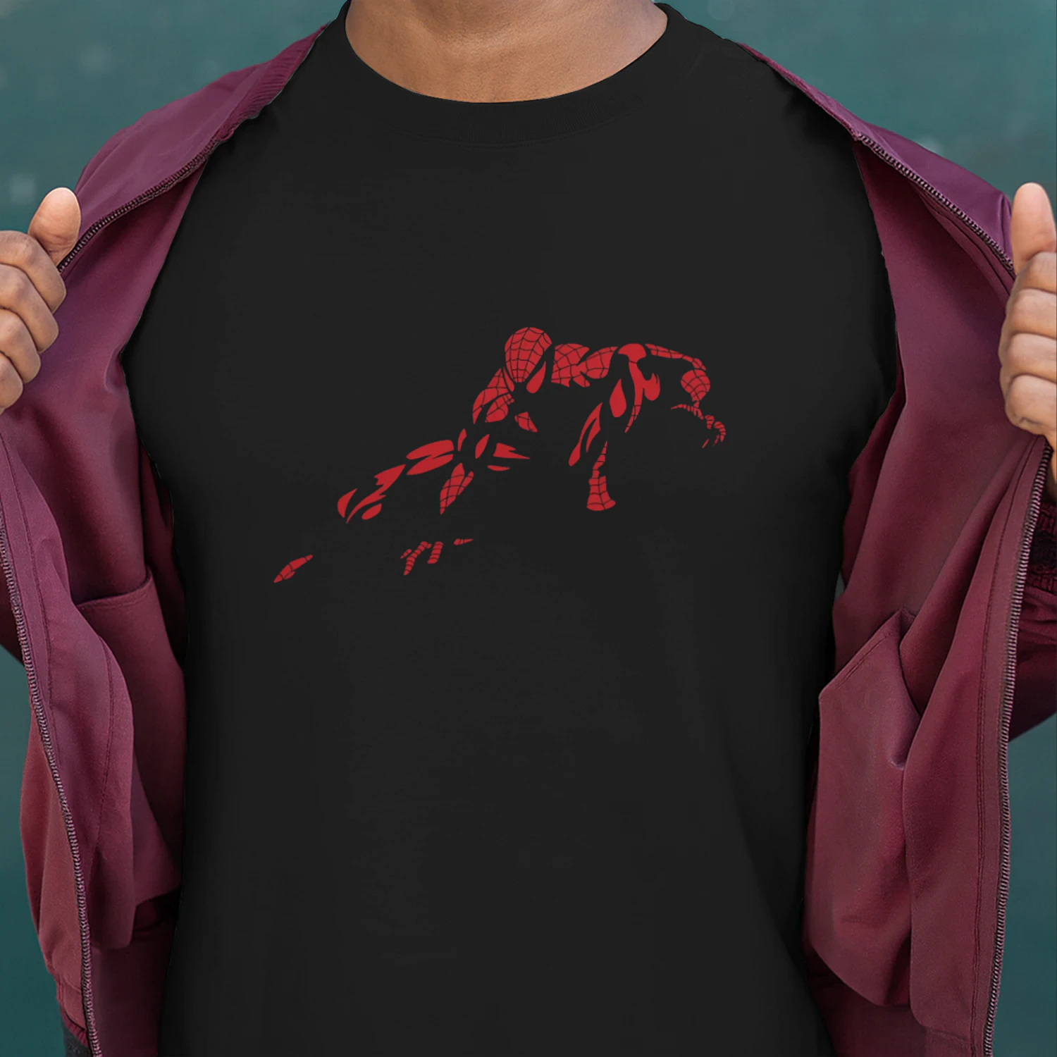 Spider Hero Shadow Red Graphic T-Shirt | Minimal Superhero Silhouette Design