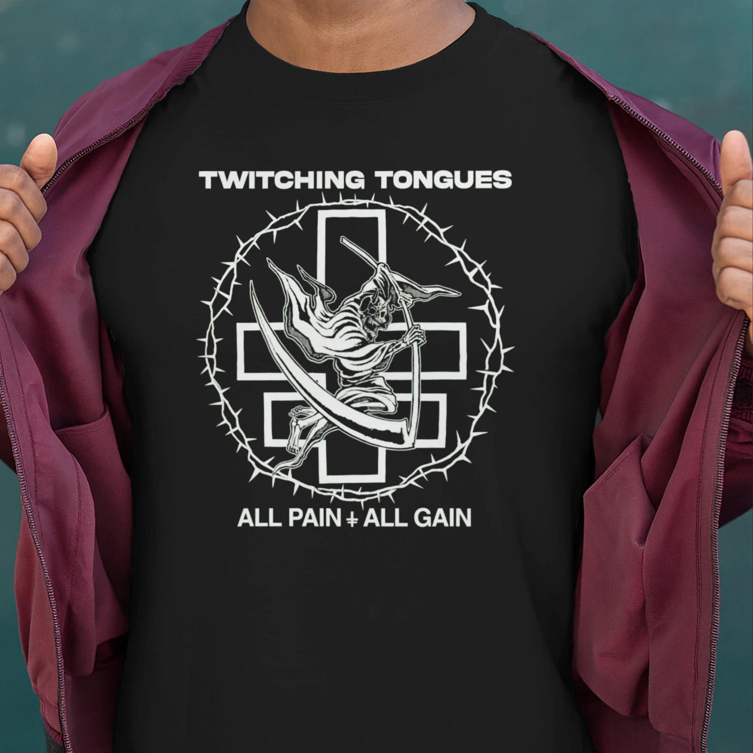 Twitching Tongues All Pain + All Gain T-Shirt - Grim Reaper Cross Barbed Wire Graphic Tee