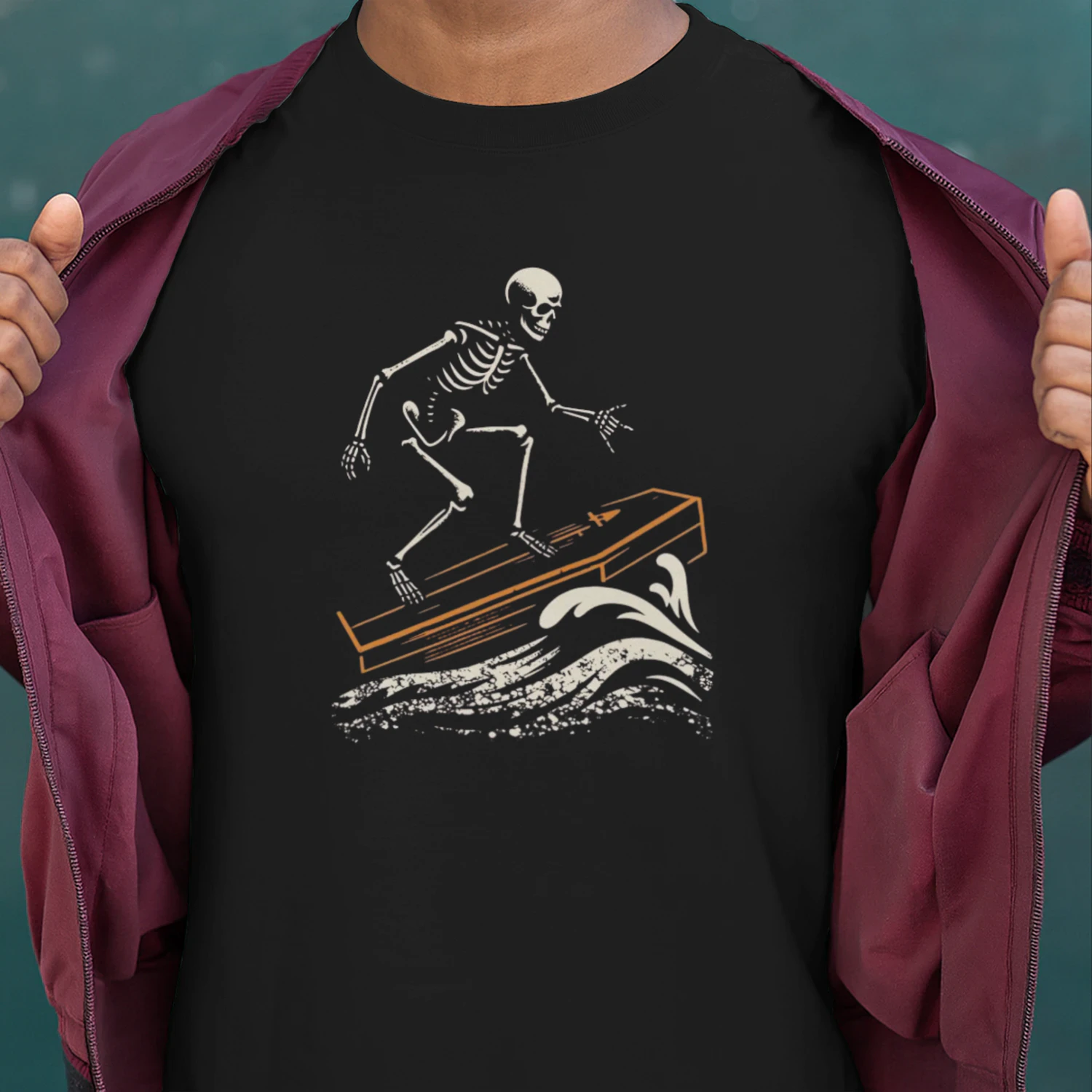 Skeleton Surfing Coffin Halloween T-Shirt