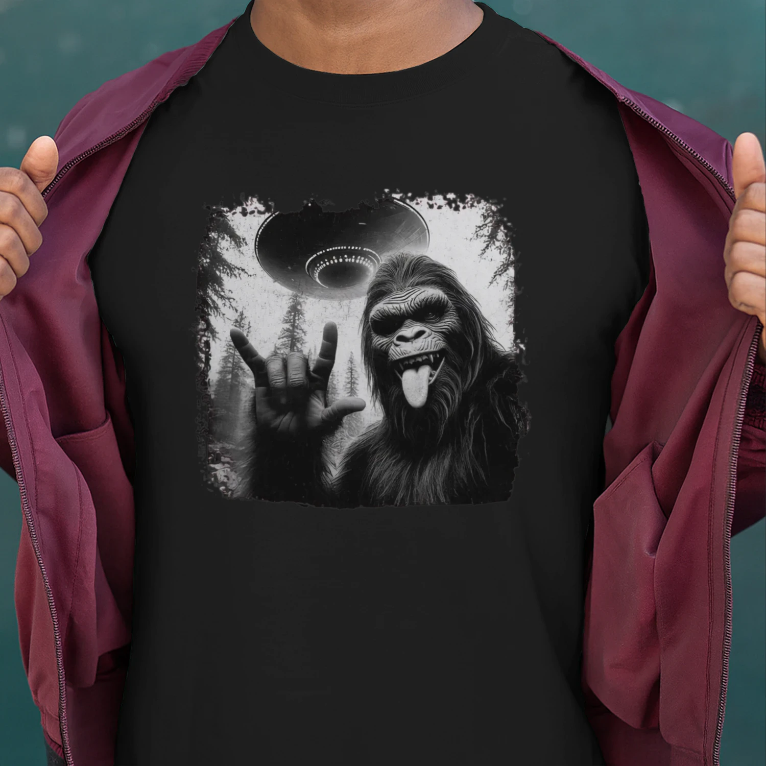 "Funny Bigfoot Sasquatch UFO rock on hand