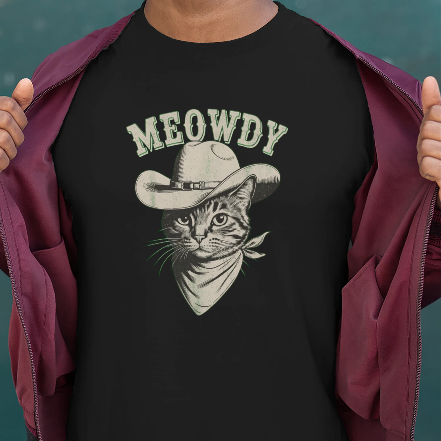 Meowdy Cowboy Cat T-Shirt Funny Western Cat Lover Graphic Tee Vintage Country Shirt