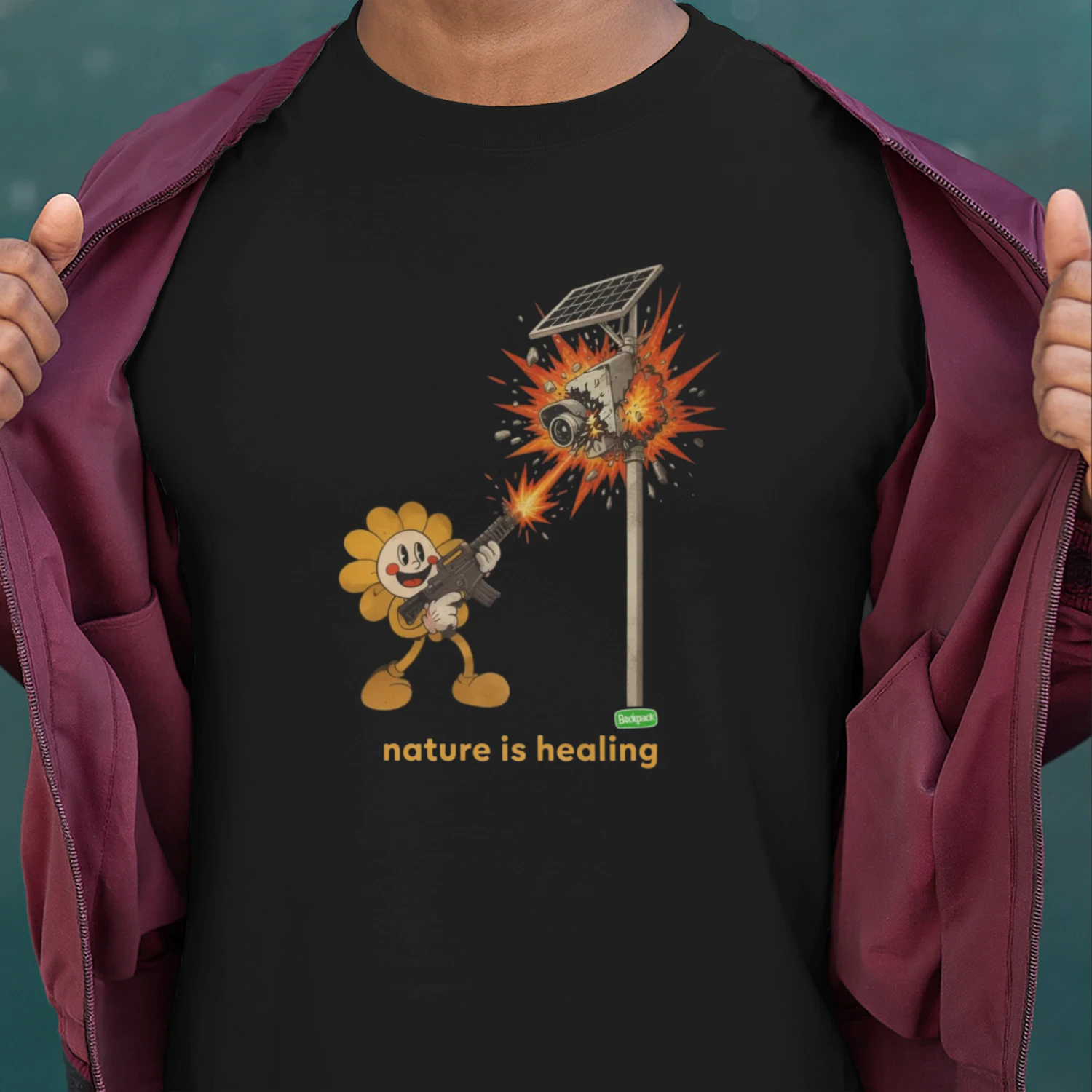Sunflower vs Security Camera "Nature is Healing" Shirt