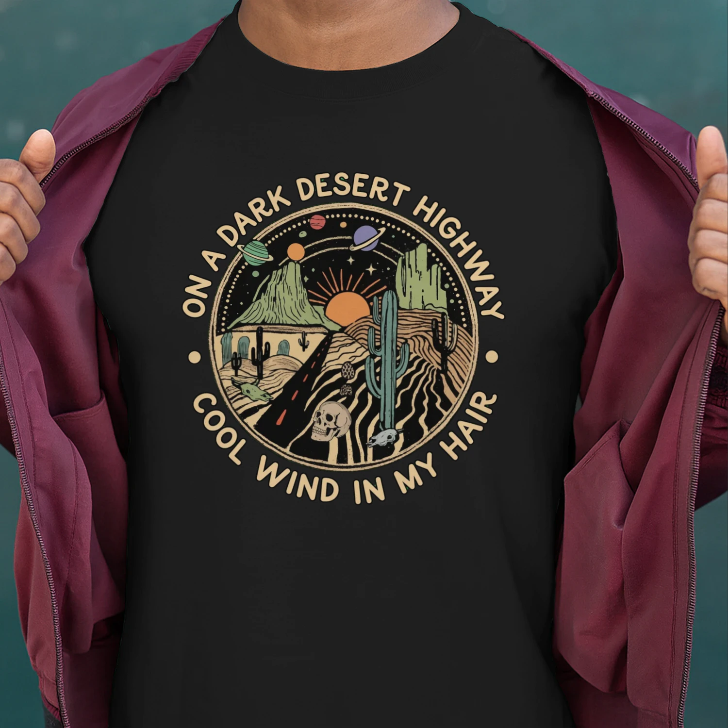 Eagles Lyric Desert Highway Skull Cactus Vintage T-Shirt