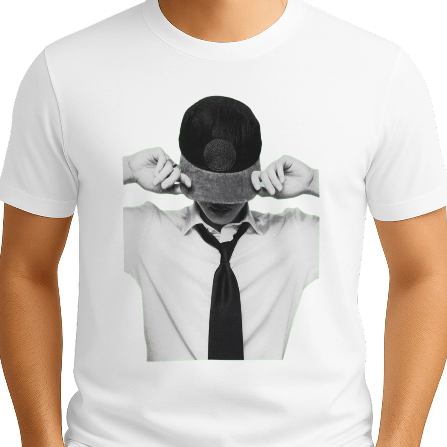 Man Pulling Cap Over Eyes Black White Graphic T-Shirt 