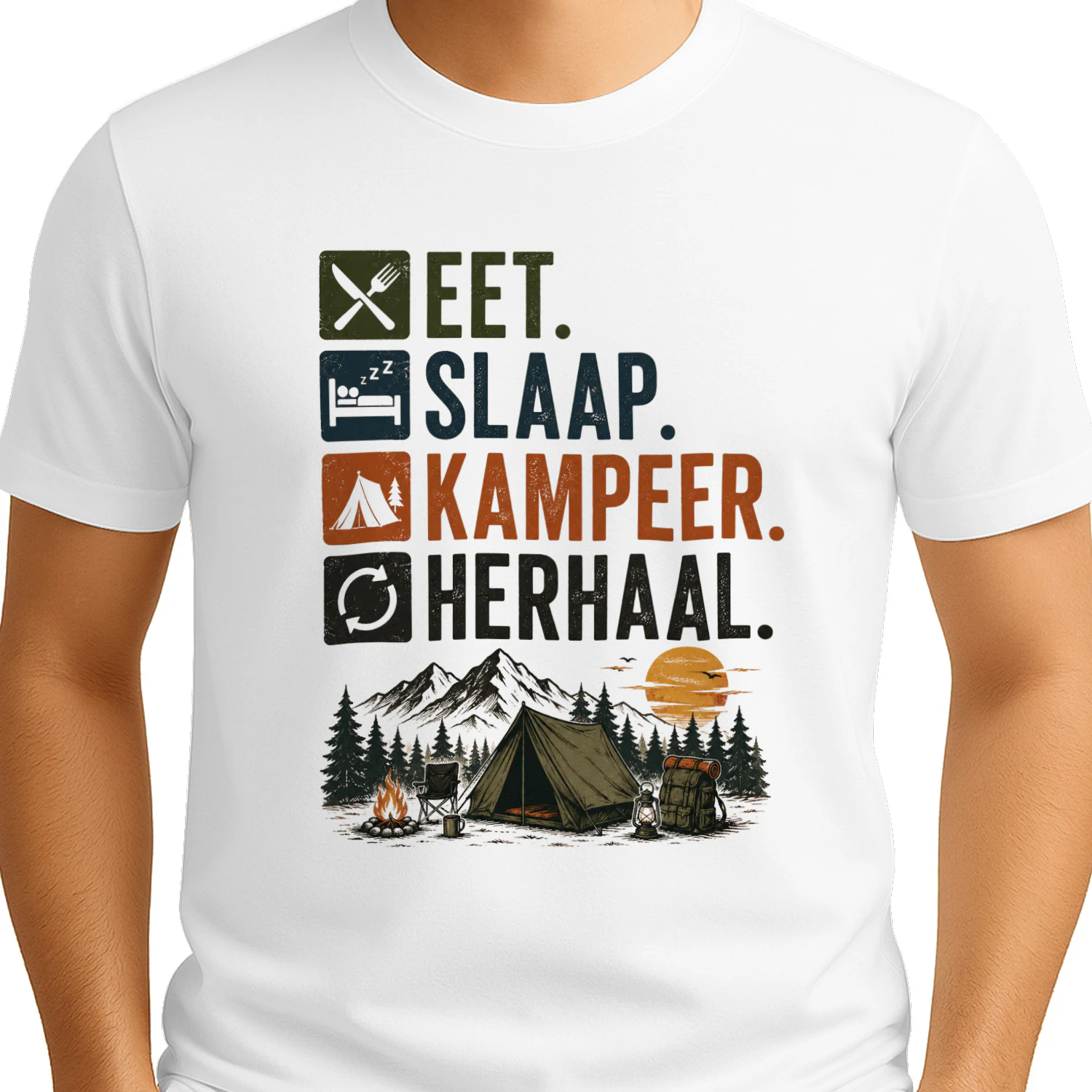 Eet Slaap Kampeer Herhaal T-Shirt – Grappig Camping Shirt voor Kampeerders
