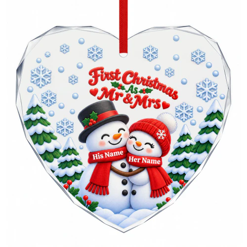 Custom Name First Christmas As Mr & Mrs Snow Man Glass Ornament