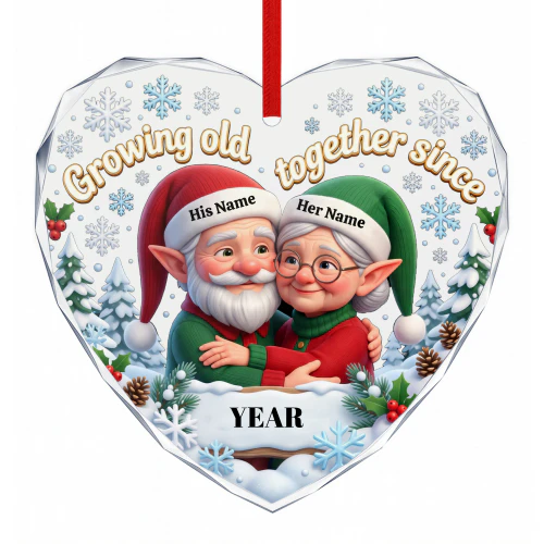 Custom Name Year Elf Couple Growing Old Together Glass Ornament