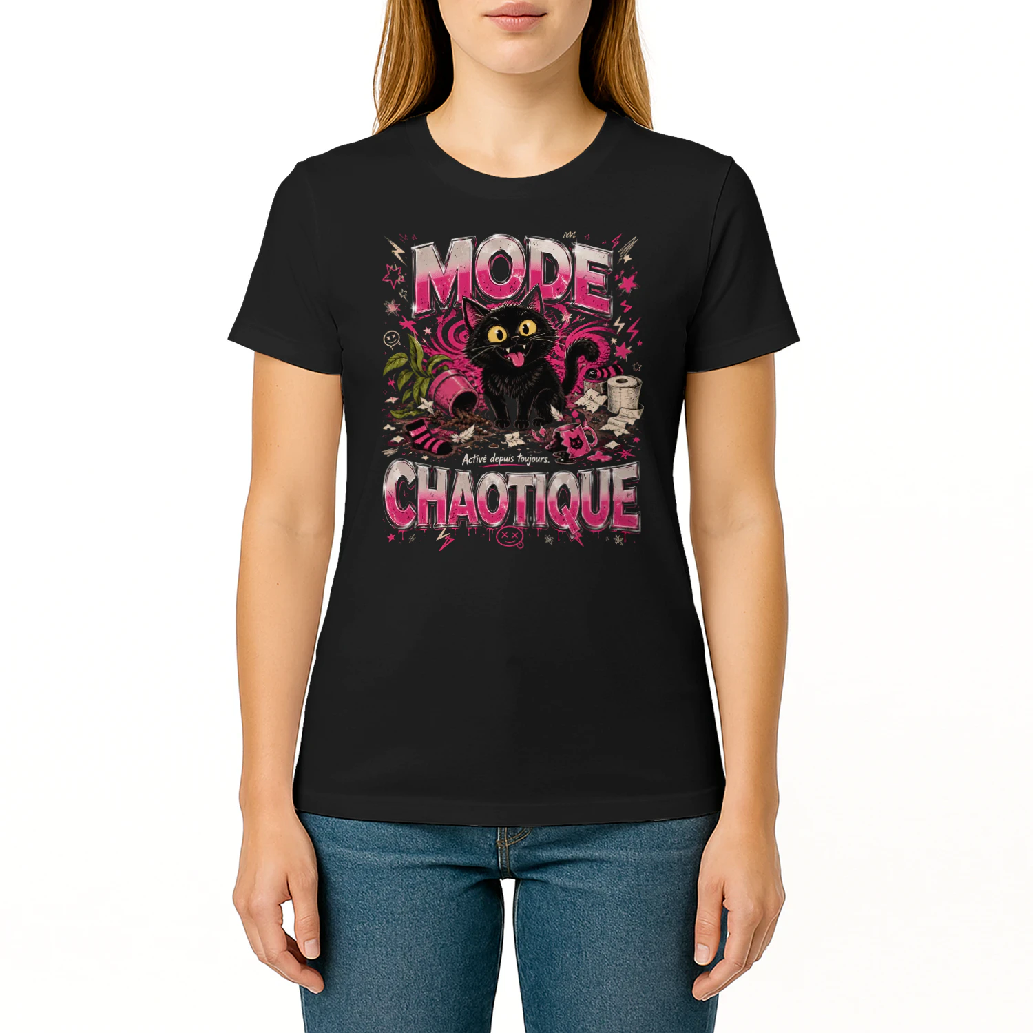 T-Shirt Chat Noir Y2K – MODE CHAOTIQUE | Humour Français Vintage