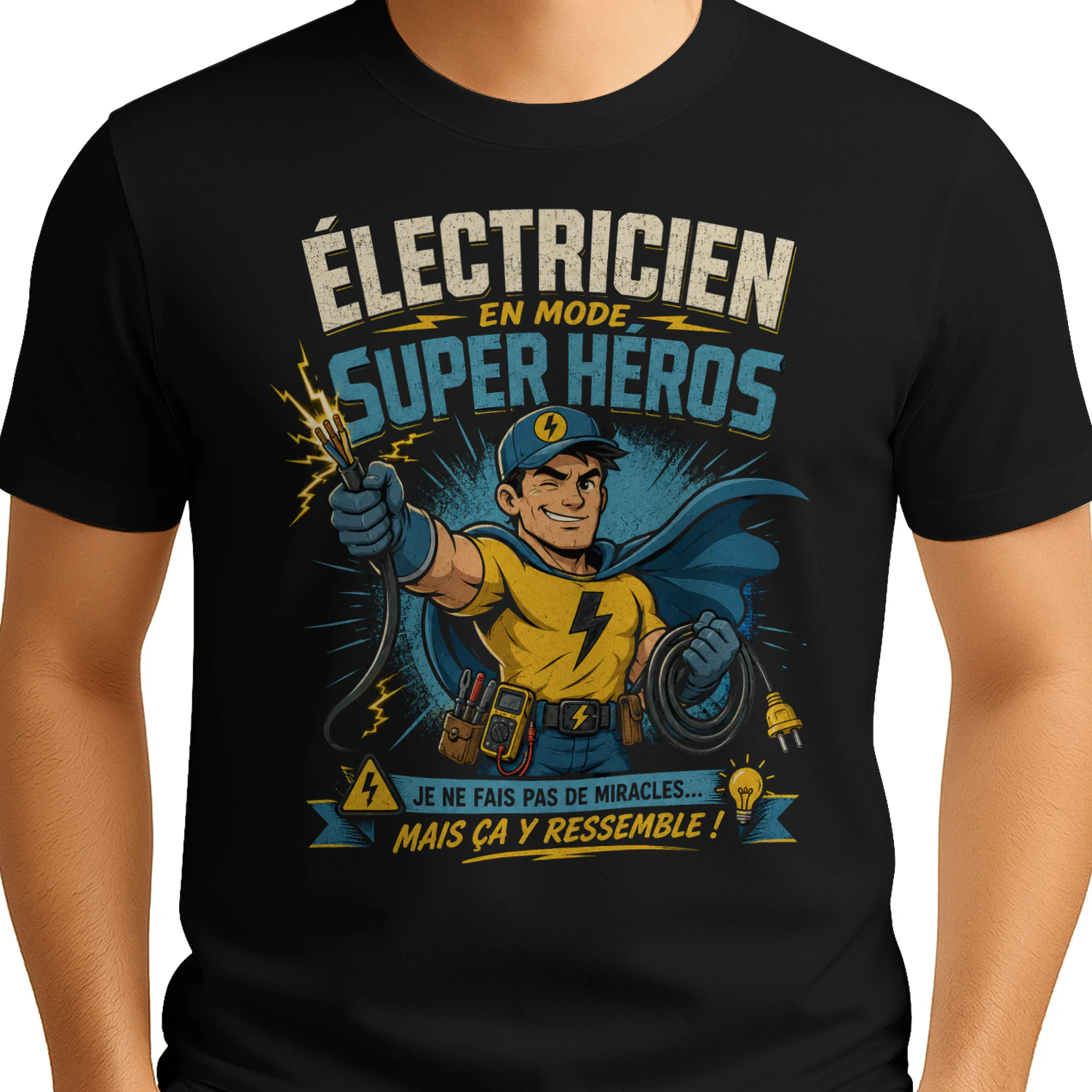 T-Shirt Humour Électricien – Électricien en Mode Super Héros | Cadeau Métier