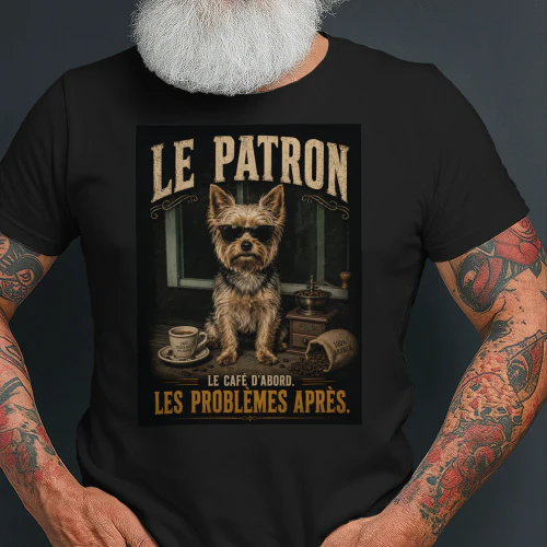 T-Shirt Chien Café Vintage – LE PATRON | Humour Français Édition limitée