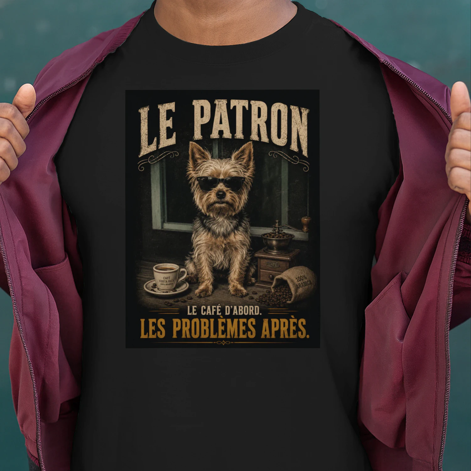 T-Shirt Chien Café Vintage – LE PATRON | Humour Français Édition limitée